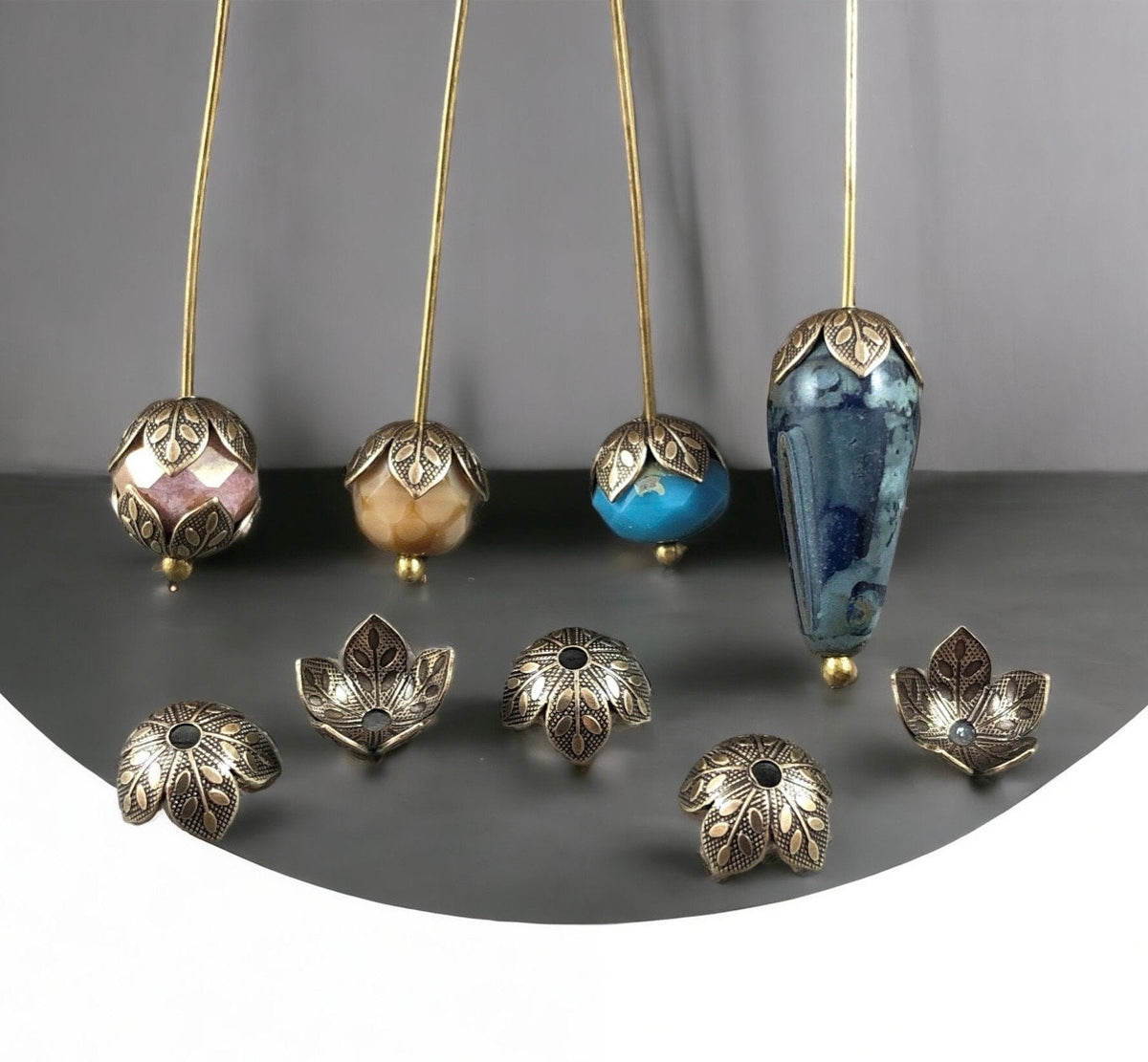 Oxidized Brass 8mm Petal Bead Caps, Brass Leaf Embossed Floral Bead Caps (BC-7903)