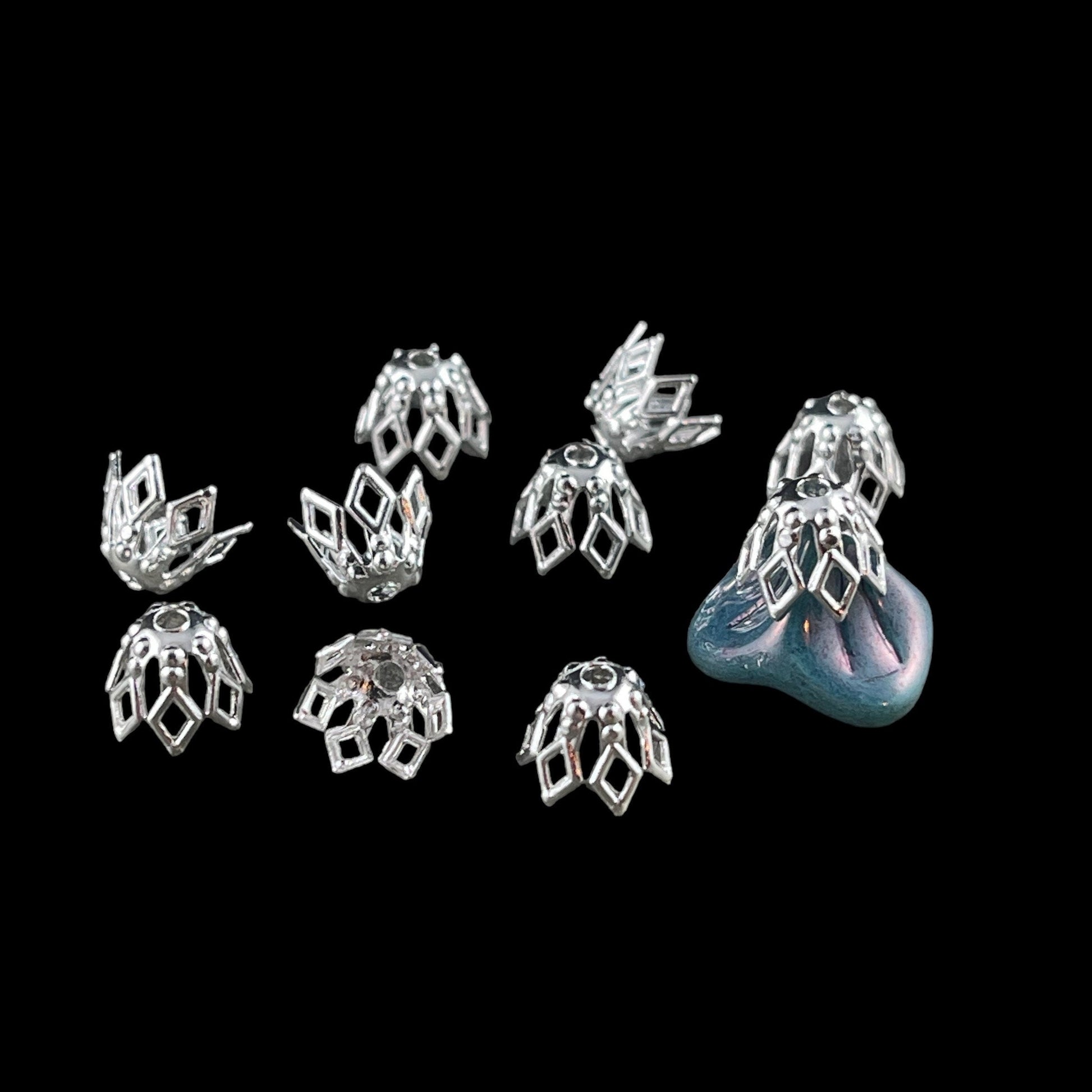 7x5mm Silver Plated Brass Bead Caps, Filigree Basket Shape Bead Caps for Teardrop or Tapered Beads (BC-4920) * Qty. 36
