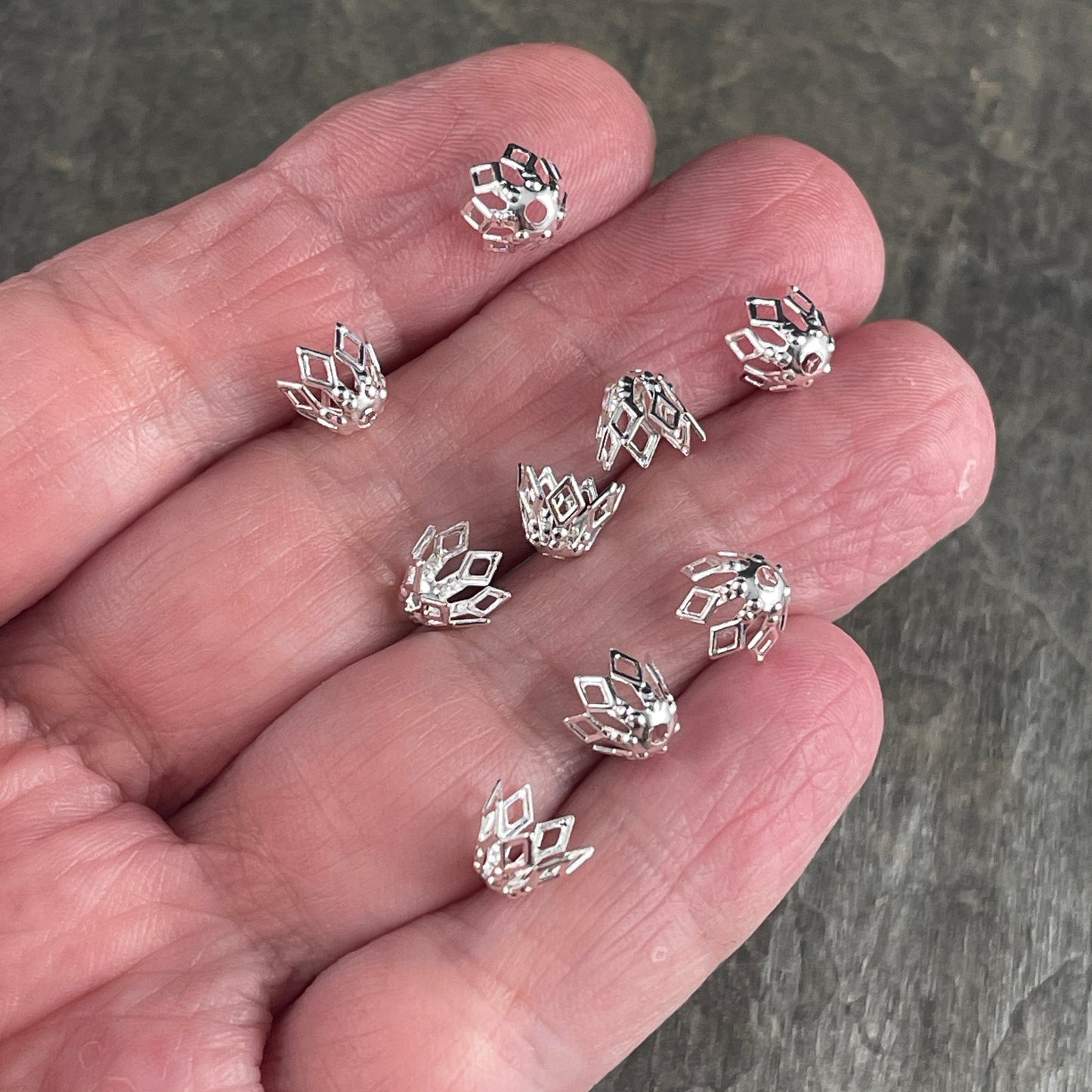 7x5mm Silver Plated Brass Bead Caps, Filigree Basket Shape Bead Caps for Teardrop or Tapered Beads (BC-4920) * Qty. 36