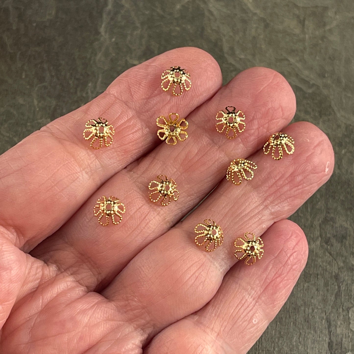 Open Petal Cone Shape Bead Caps 6-Petal Filigree Bead Caps for Teardrop Beads ~ 7x4mm Gold Plated Brass Bead Caps (BC-5571) * Qty. 50