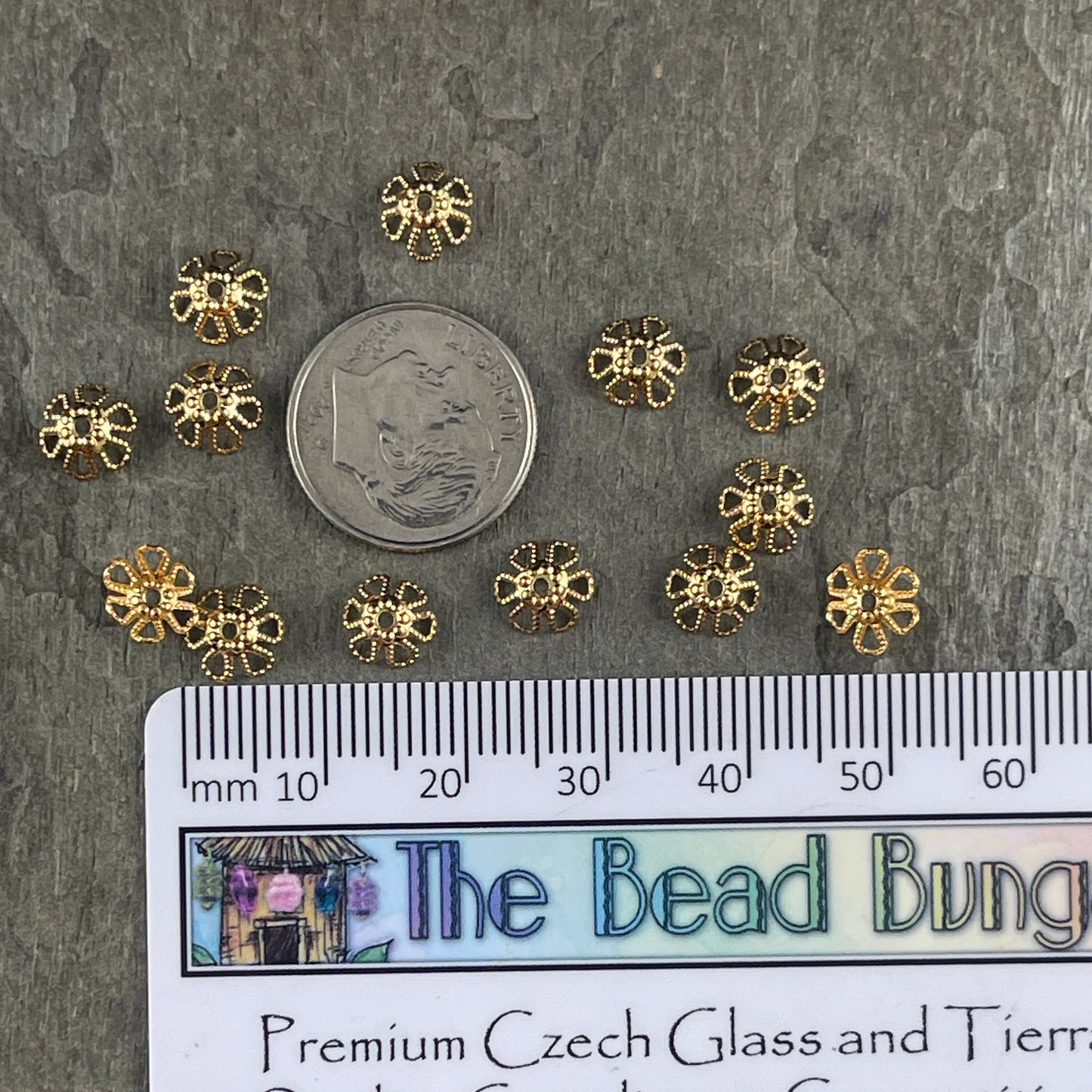 Open Petal Cone Shape Bead Caps 6-Petal Filigree Bead Caps for Teardrop Beads ~ 7x4mm Gold Plated Brass Bead Caps (BC-5571) * Qty. 50