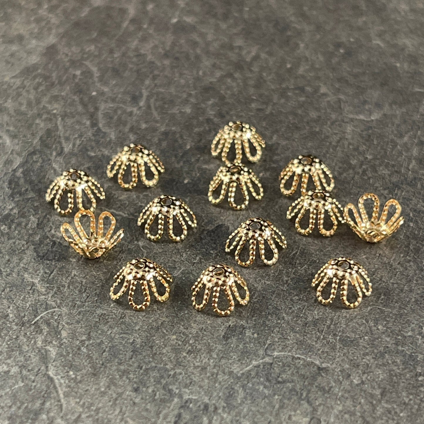 Open Petal Cone Shape Bead Caps 6-Petal Filigree Bead Caps for Teardrop Beads ~ 7x4mm Gold Plated Brass Bead Caps (BC-5571) * Qty. 50