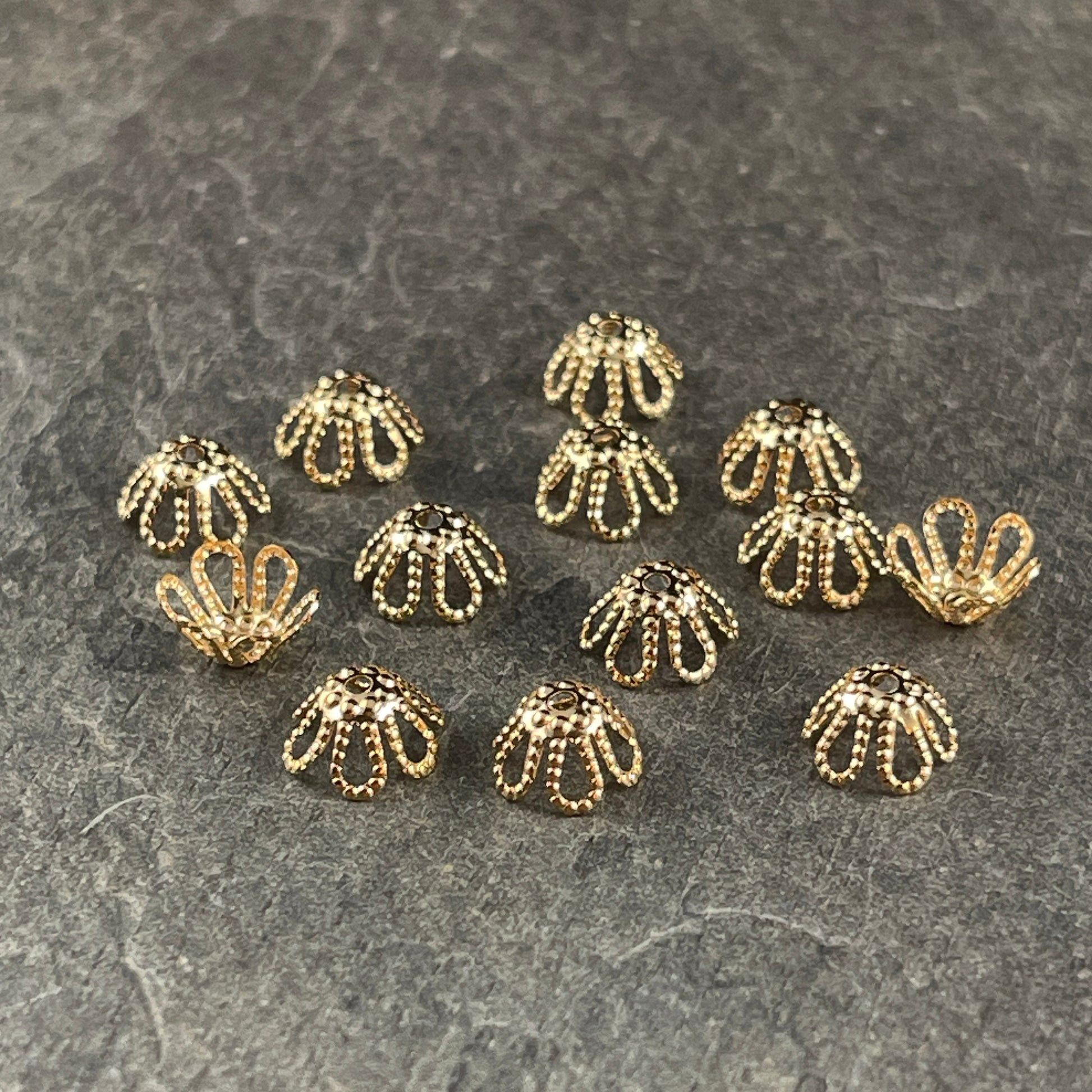 Open Petal Cone Shape Bead Caps 6-Petal Filigree Bead Caps for Teardrop Beads ~ 7x4mm Gold Plated Brass Bead Caps (BC-5571) * Qty. 50