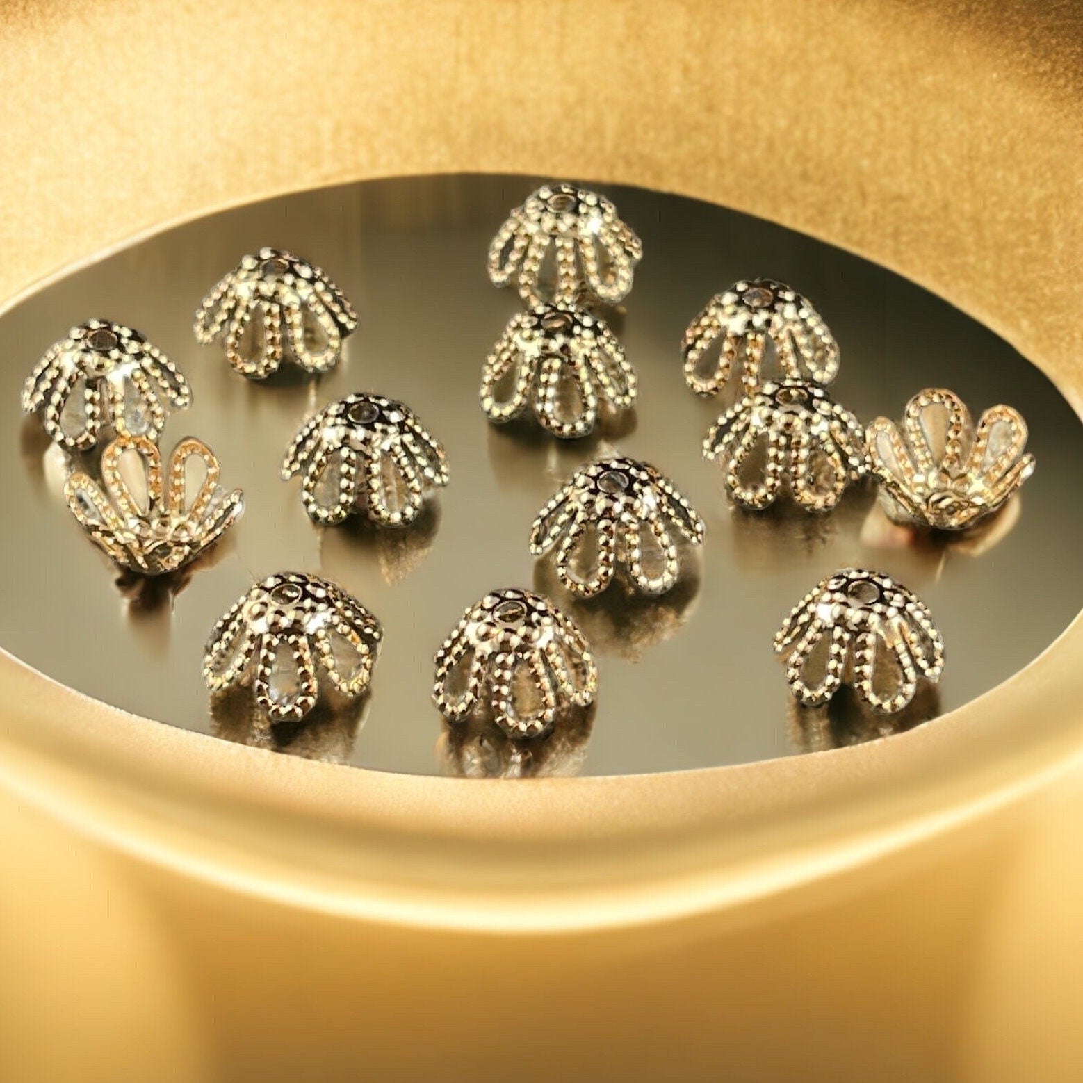 Open Petal Cone Shape Bead Caps 6-Petal Filigree Bead Caps for Teardrop Beads ~ 7x4mm Gold Plated Brass Bead Caps (BC-5571) * Qty. 50