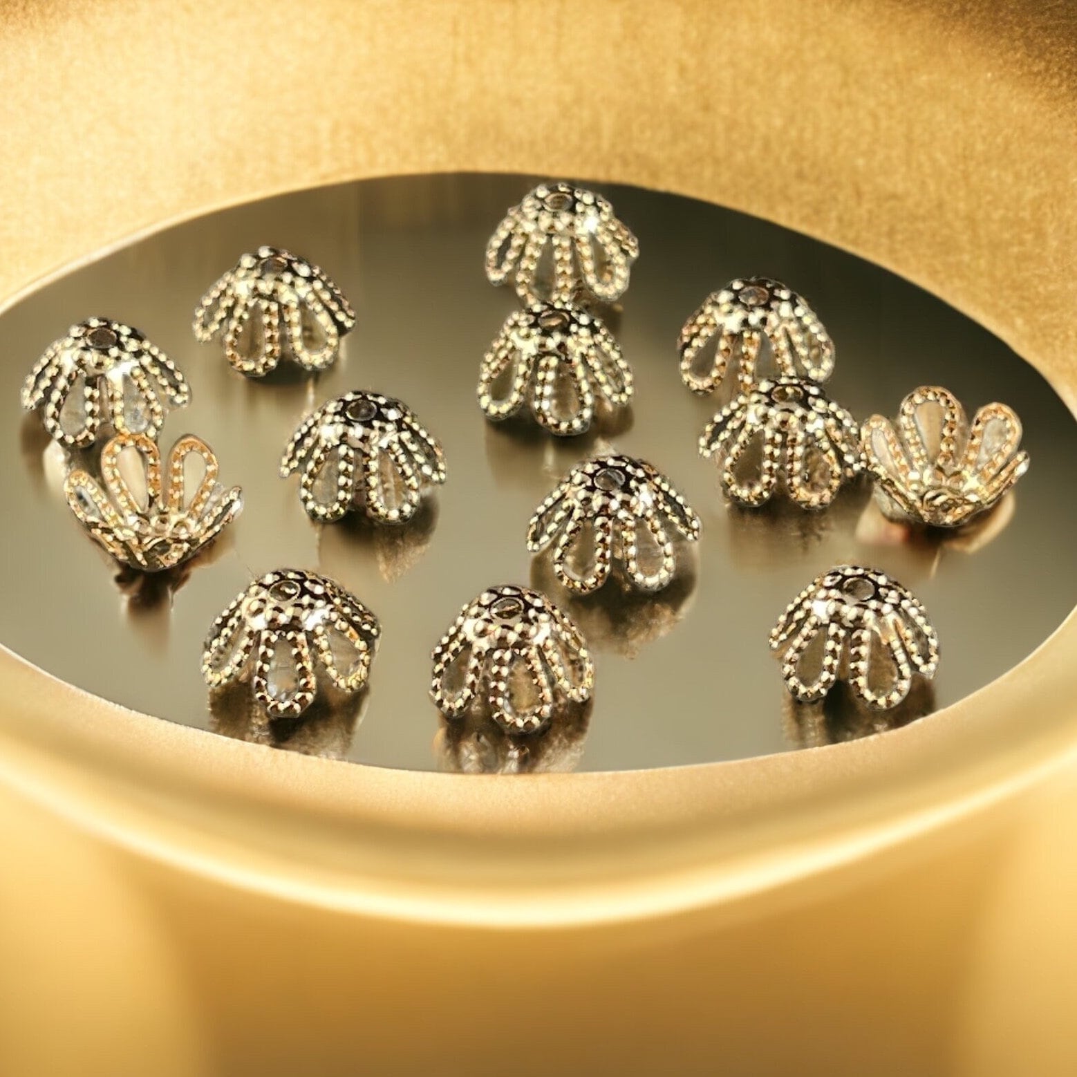 Open Petal Cone Shape Bead Caps 6-Petal Filigree Bead Caps for Teardrop Beads ~ 7x4mm Gold Plated Brass Bead Caps (BC-5571) * Qty. 50