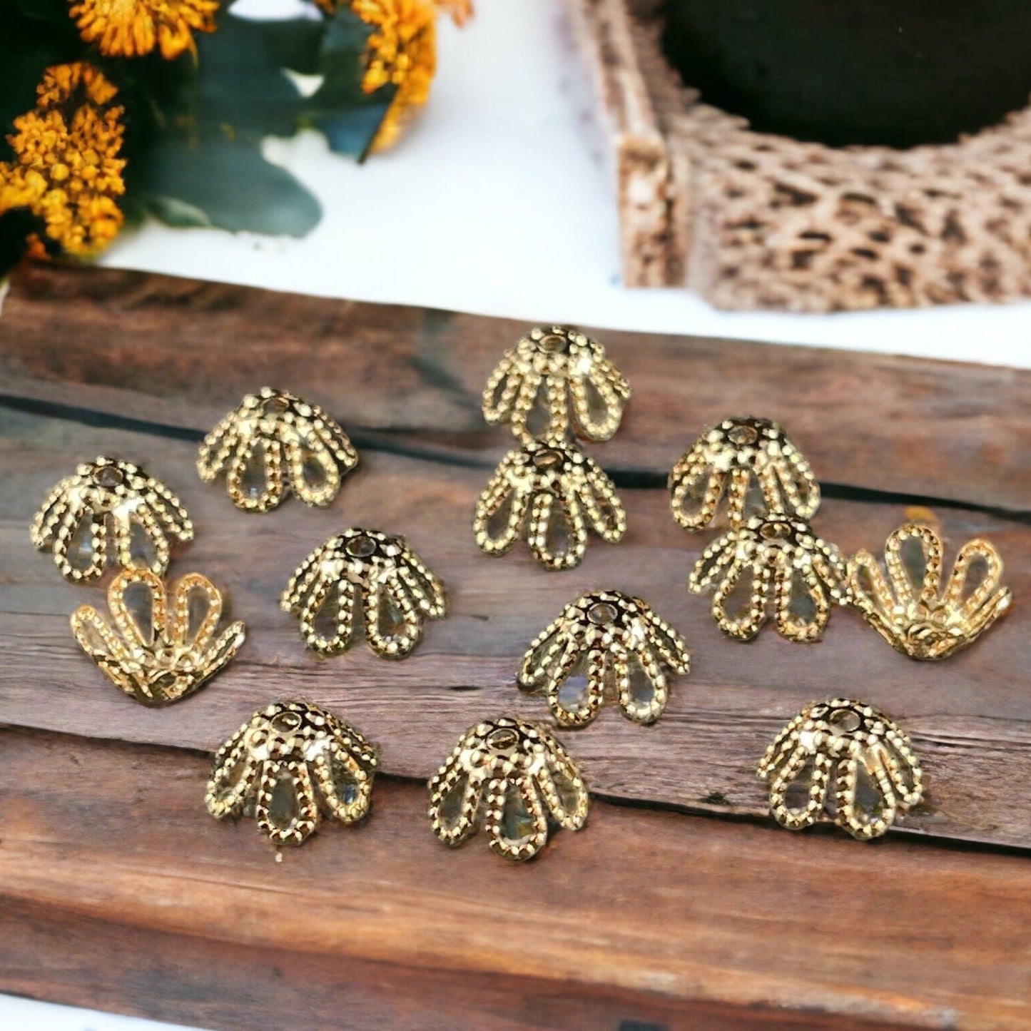 Open Petal Cone Shape Bead Caps 6-Petal Filigree Bead Caps for Teardrop Beads ~ 7x4mm Gold Plated Brass Bead Caps (BC-5571) * Qty. 50