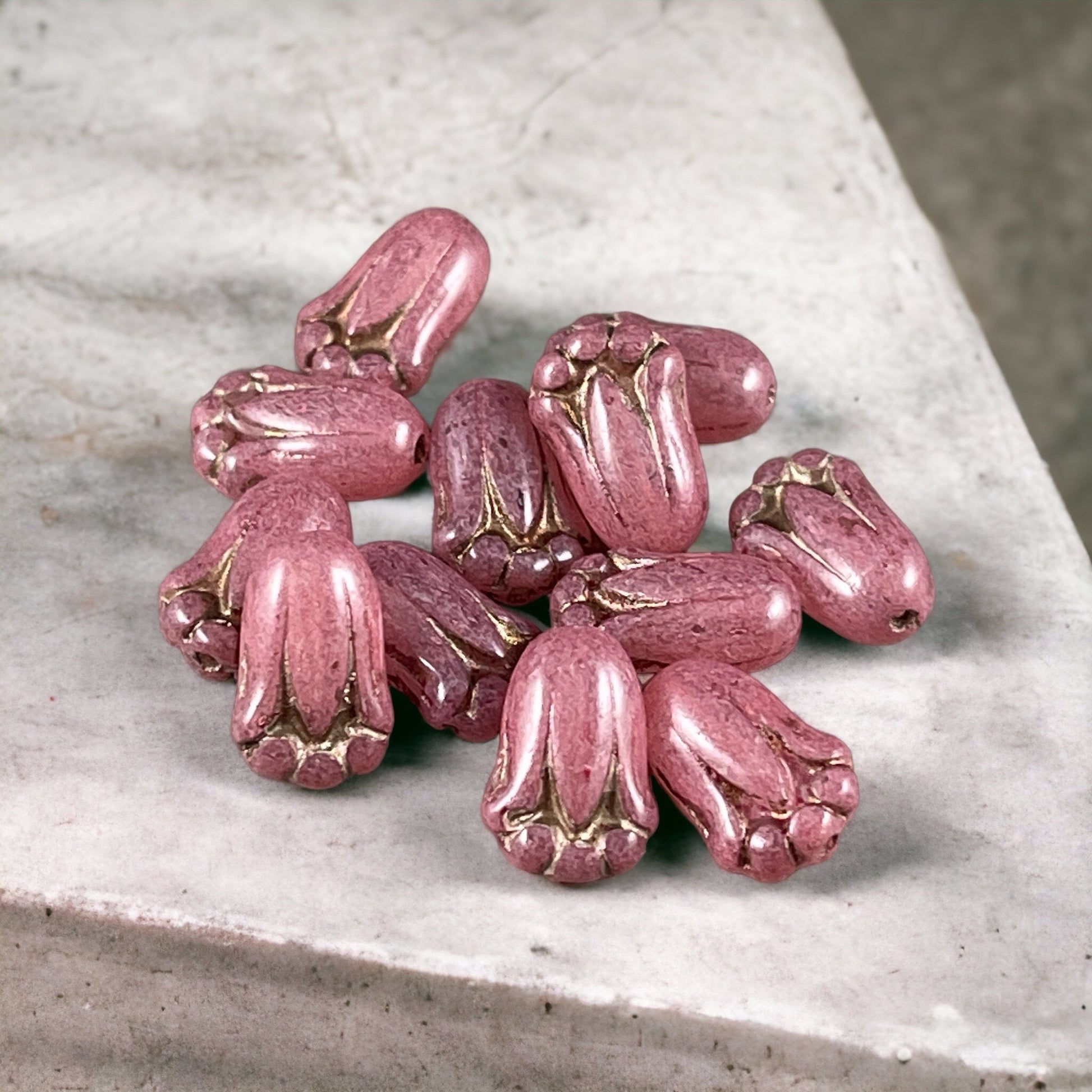 Dusty Rose Czech Glass Flower Bead ~ 12x8mm Lily Bud Flower ~ Milky Rose Pink Flower Bead (LBud5) * Qty. 12