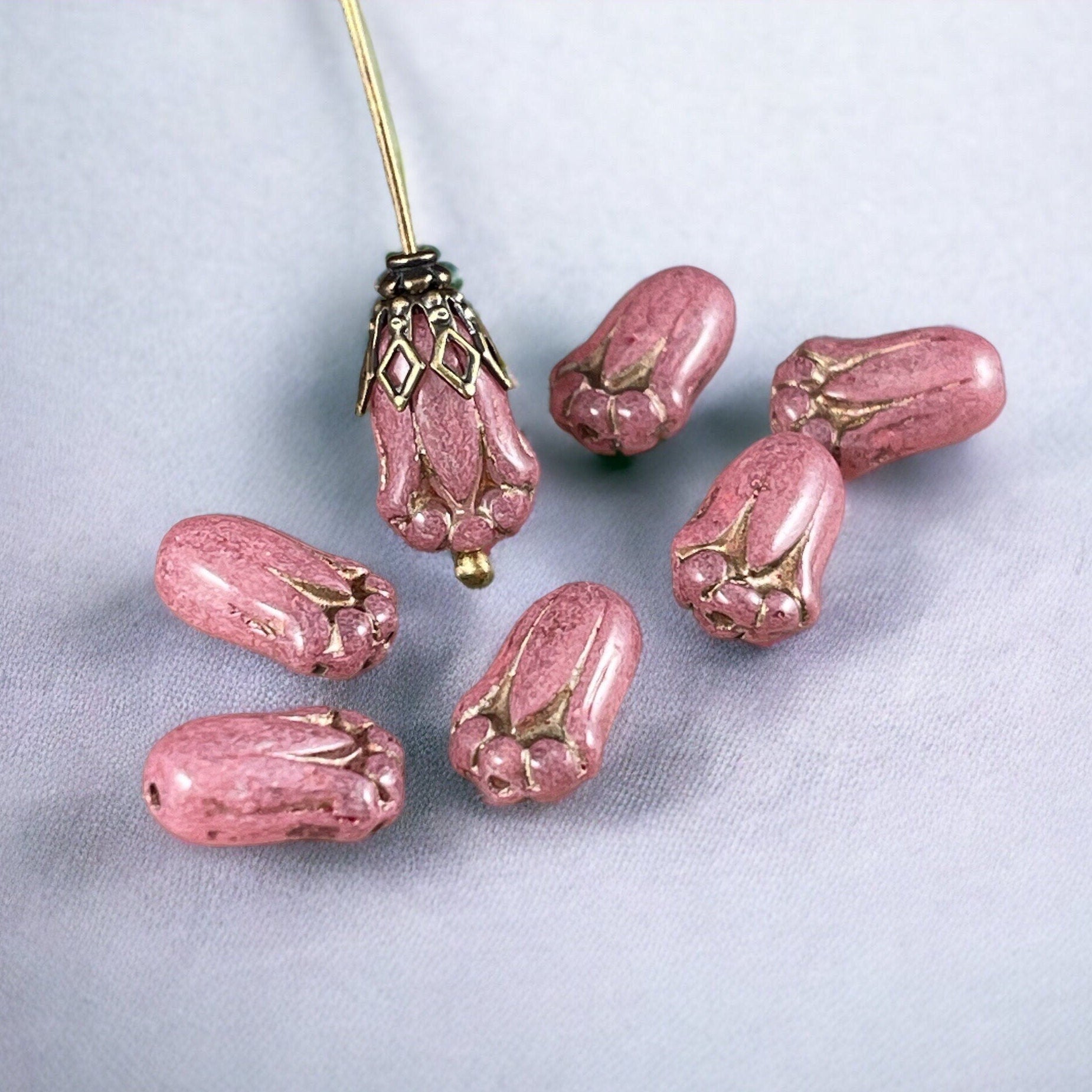 Dusty Rose Czech Glass Flower Bead ~ 12x8mm Lily Bud Flower ~ Milky Rose Pink Flower Bead (LBud5) * Qty. 12