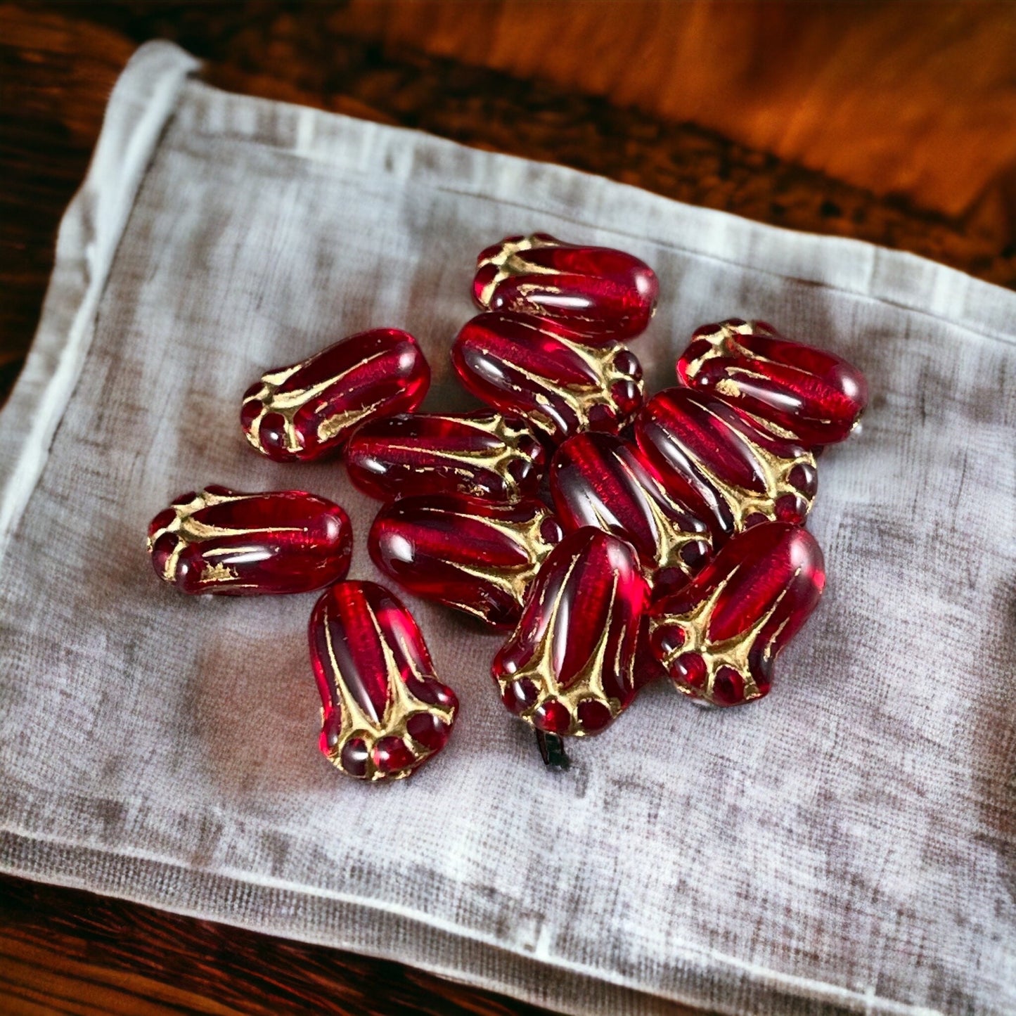 Czech Glass Beads - 12x8mm Lily Bud, Transparent Red with Gold Finish (LBud28) * Qty. 12