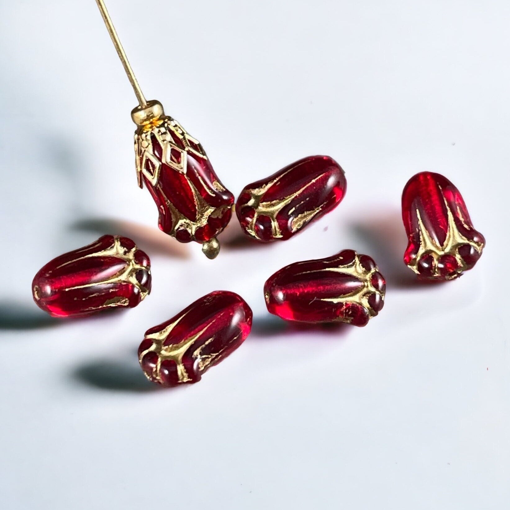 Czech Glass Beads - 12x8mm Lily Bud, Transparent Red with Gold Finish (LBud28) * Qty. 12