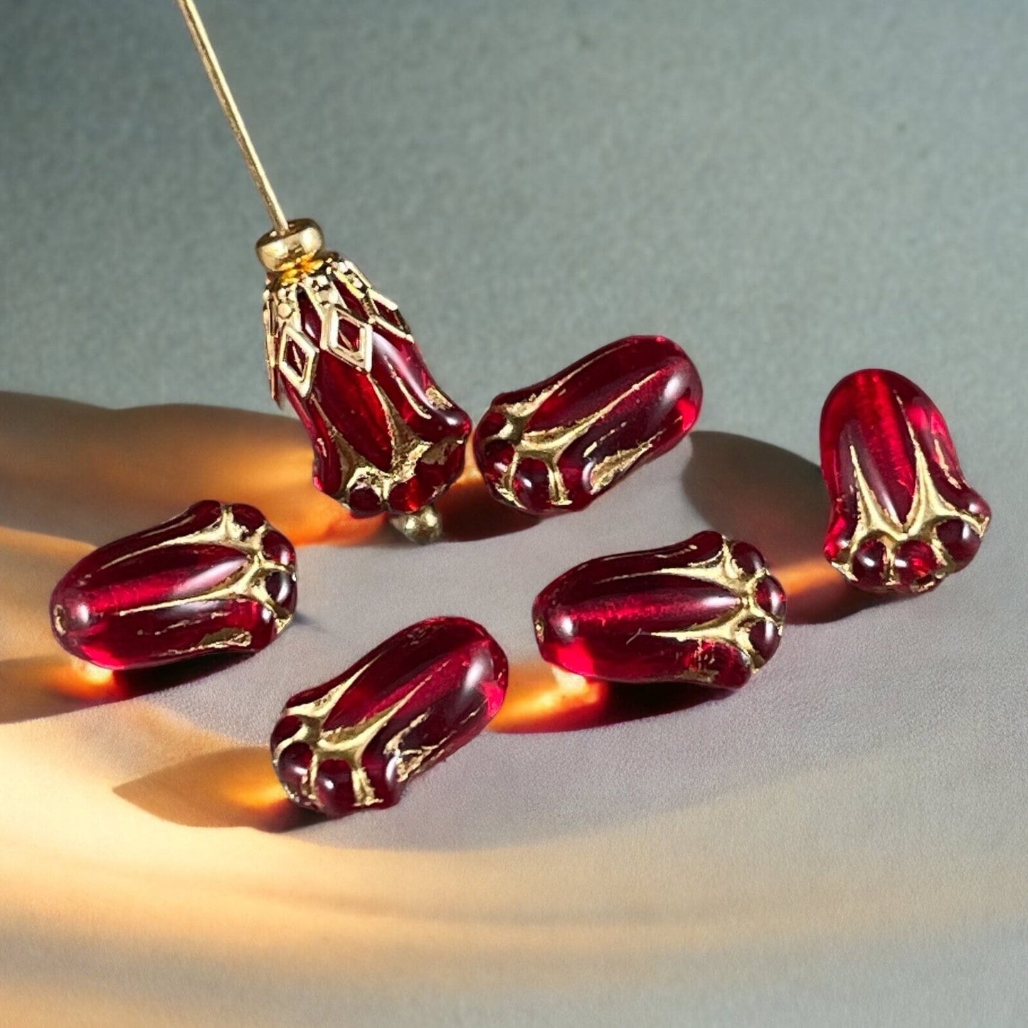 Czech Glass Beads - 12x8mm Lily Bud, Transparent Red with Gold Finish (LBud28) * Qty. 12