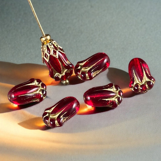 Czech Glass Beads - 12x8mm Lily Bud, Transparent Red with Gold Finish (LBud28) * Qty. 12