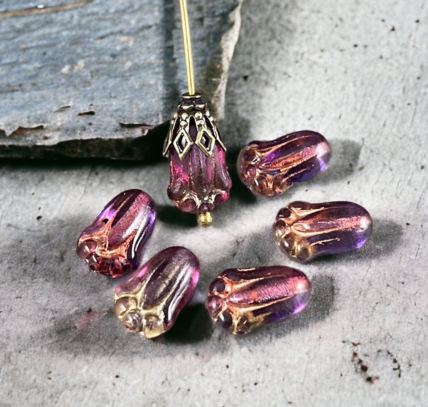 Transparent Purple and Fuchsia Czech Glass Flower ~ 12x8mm Lily Bud Flower ~ Purple & Pink Flower Bead (LBud23) * Qty. 12