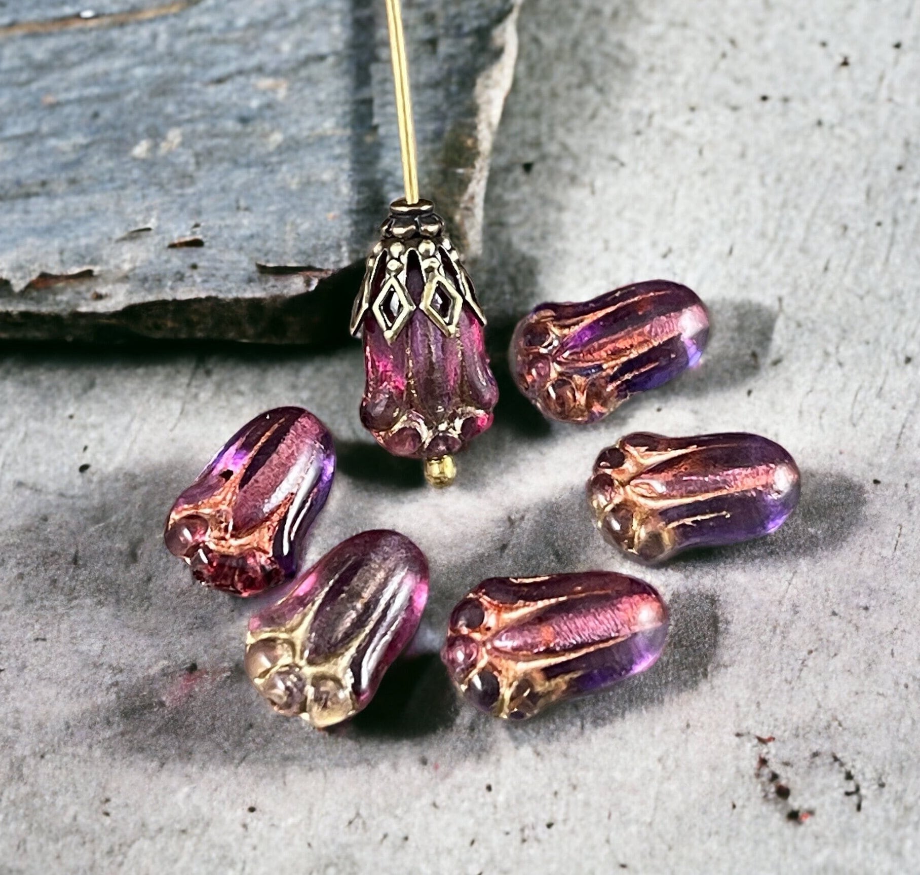 Transparent Purple and Fuchsia Czech Glass Flower ~ 12x8mm Lily Bud Flower ~ Purple & Pink Flower Bead (LBud23) * Qty. 12