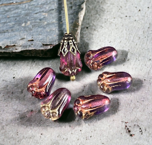 Transparent Purple and Fuchsia Czech Glass Flower ~ 12x8mm Lily Bud Flower ~ Purple & Pink Flower Bead (LBud23) * Qty. 12