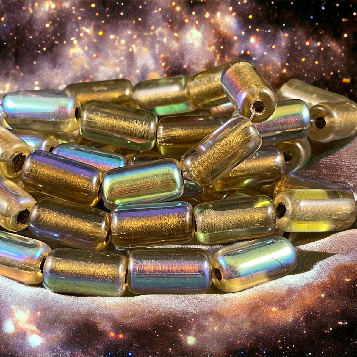 Czech Glass Beads - 14x7mm Large Hole Tube Bead, Gold Glass with AB Finish and Gold Lining, 2mm Hole (TUBE/N-0988) * Qty. 10