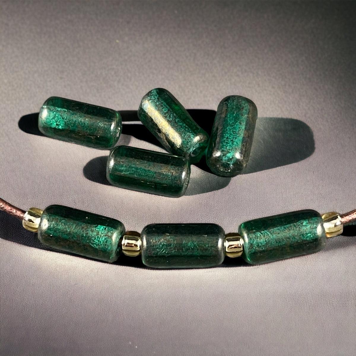 14x7mm Large Hole Glass Tube Bead ~ Emerald Green Glass with Gold Luster ~ 2mm Hole (TUBE/N-1738) * Qty. 10