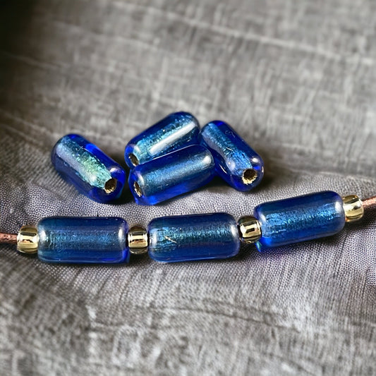 Czech Glass Beads ~ 14x7mm Large Hole Glass Tube Bead ~ Sapphire and Light Blue with Gold Lining ~ 2mm Hole (TUBE/N-0961) * Qty. 10