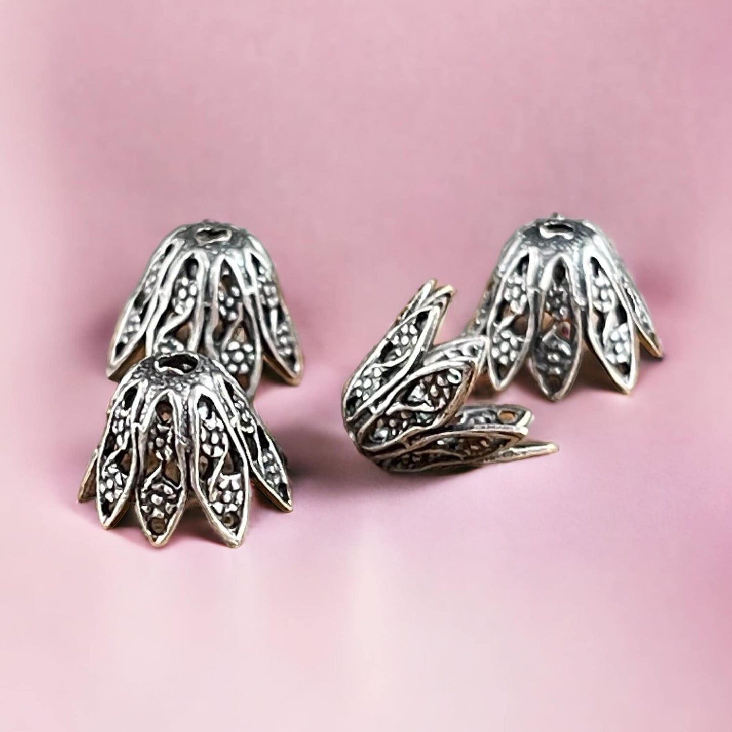 8mm Antiqued Silver Filigree Cone Shape Bead Caps ~ Oxidized Silver Plated Brass Tapered Bead Caps (VJS-W299) * Qty. 4