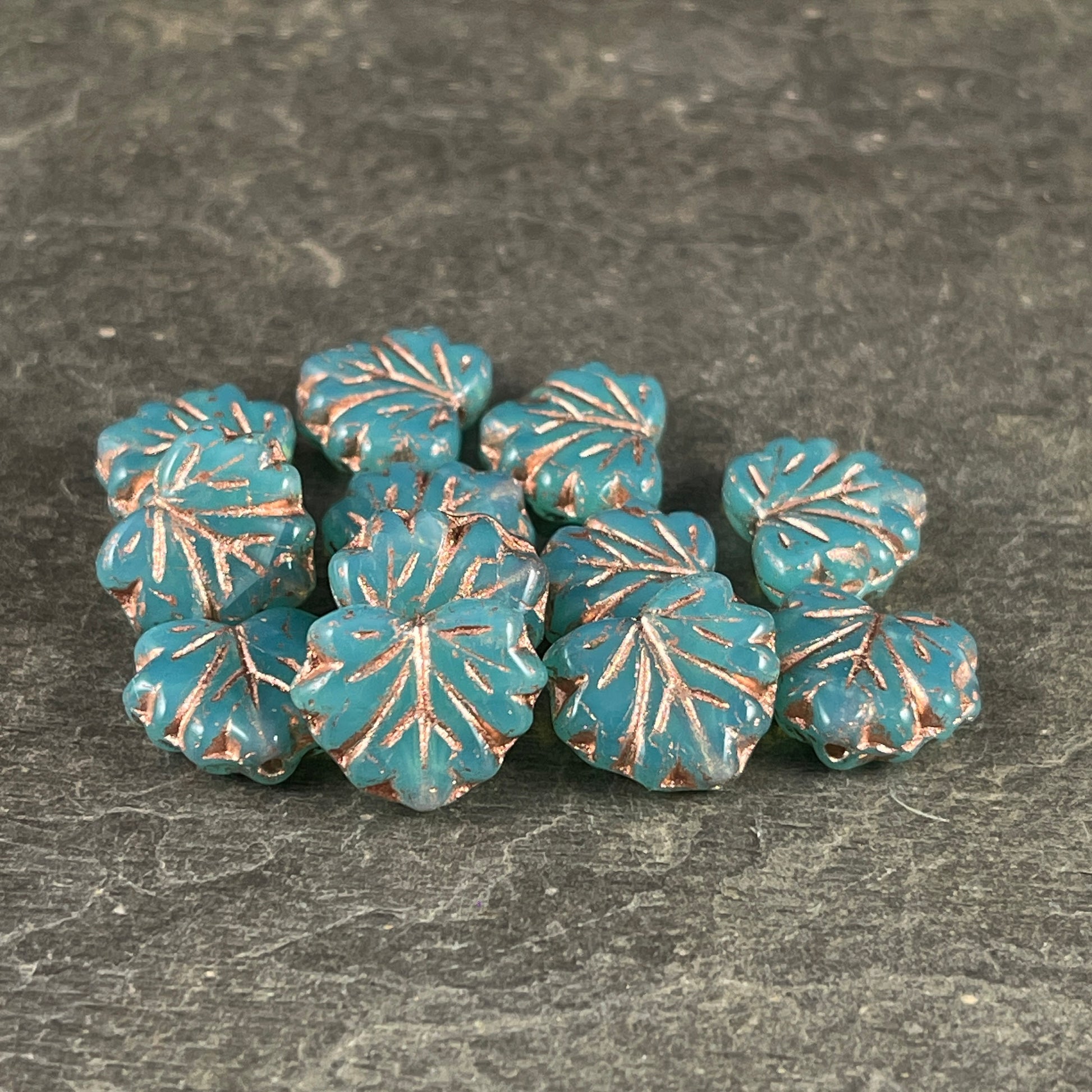 Aqua Blue Maple Leaf ~ 10x13mm Czech Glass Leaf Beads ~ Aqua Opaline Glass with Copper Wash (ML/N-1084) * Qty. 10