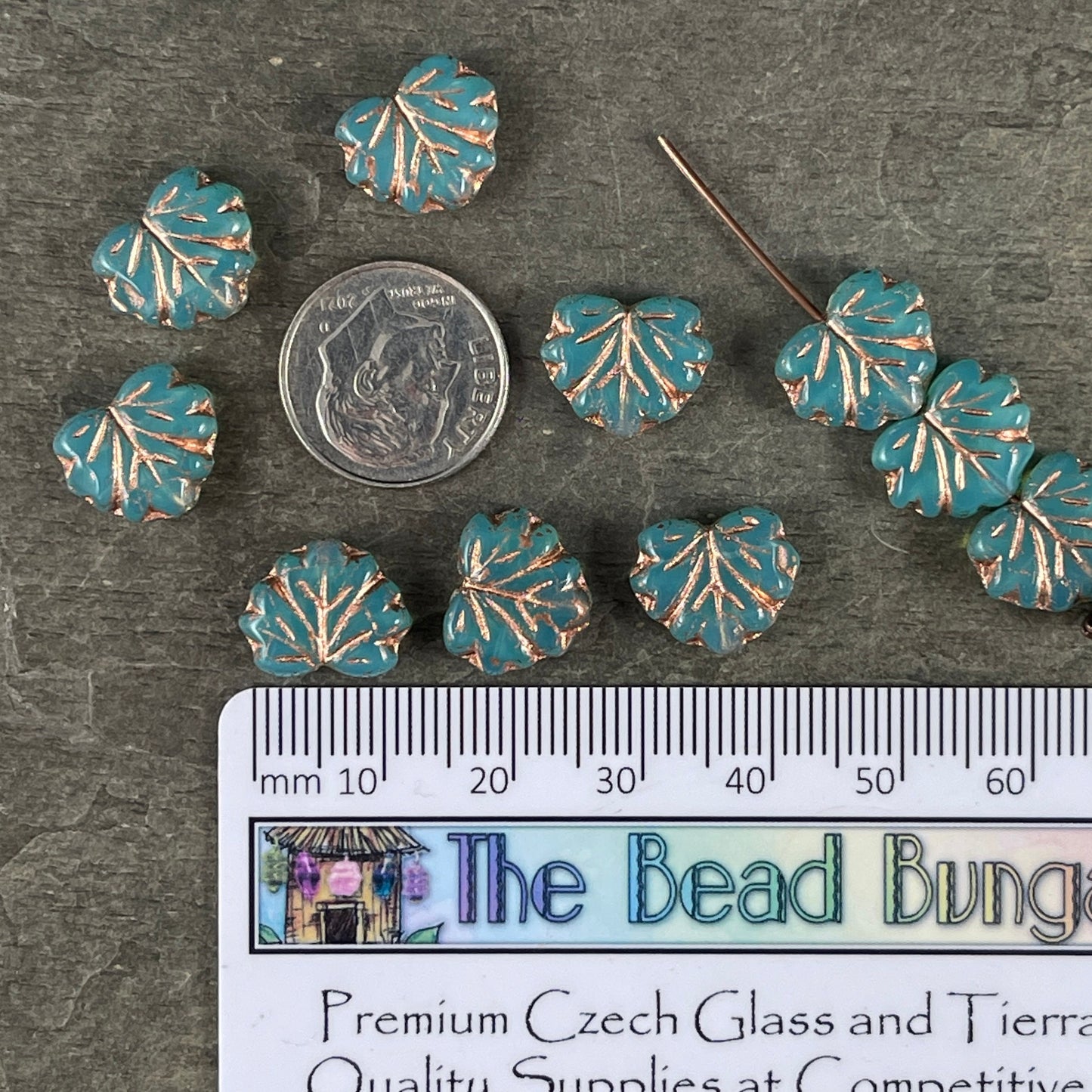 Aqua Blue Maple Leaf ~ 10x13mm Czech Glass Leaf Beads ~ Aqua Opaline Glass with Copper Wash (ML/N-1084) * Qty. 10