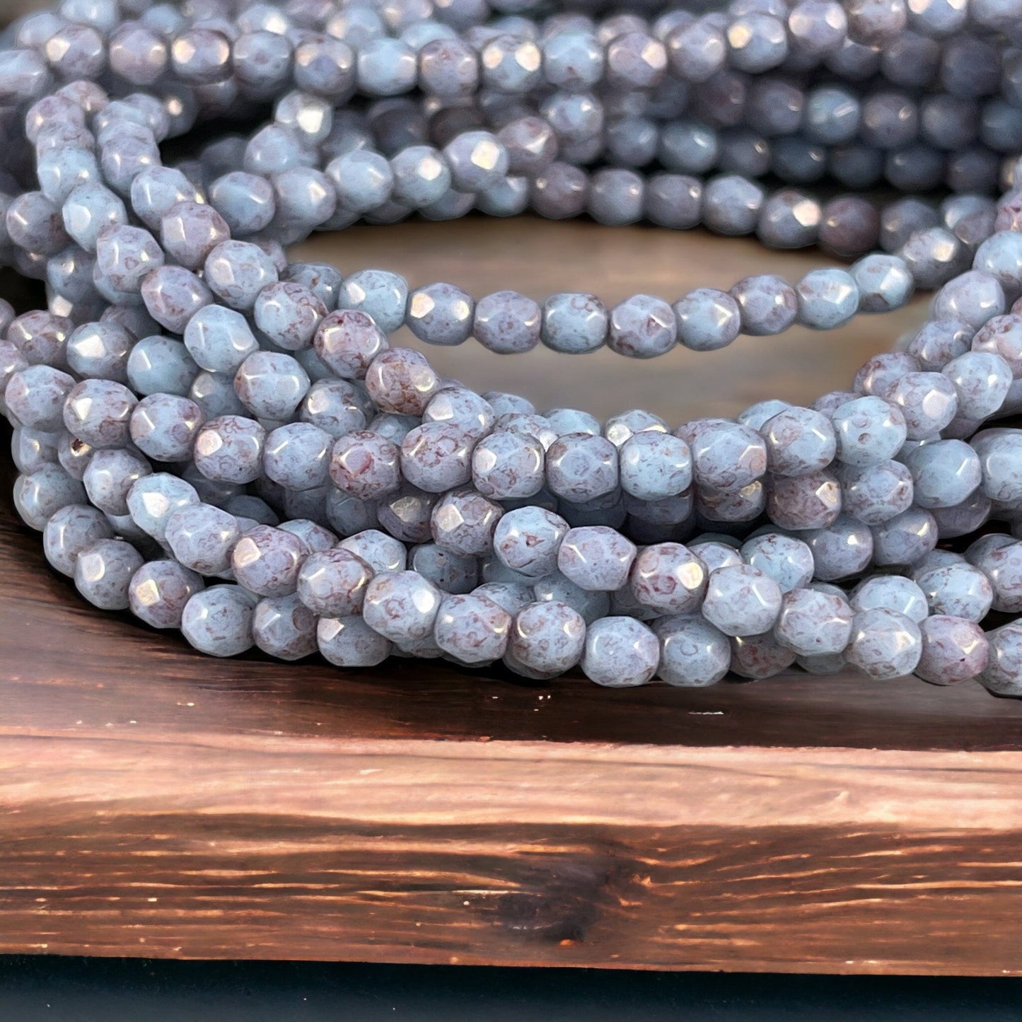 4mm Thistle Picasso Faceted Round Beads ~ Light Opaque Purple Glass with Marbled Lavender Picasso (FP4/N-084) * Qty 50