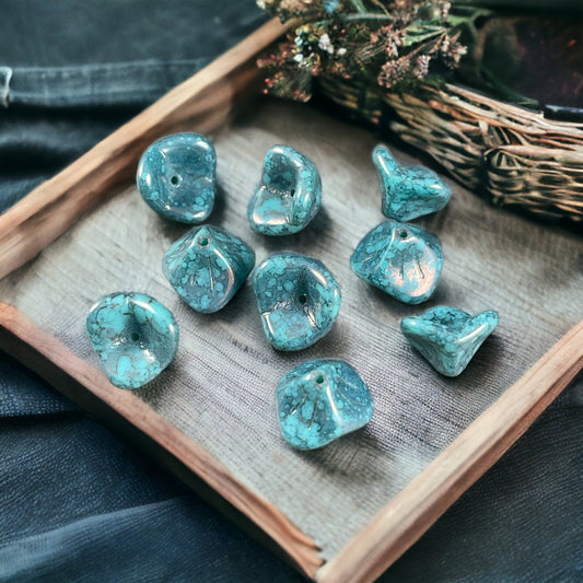 Czech Beads - 12x9mm Wide Bell, 3-Petal Flower, Turquoise with Marbled Picasso (FLLB/RJ-1056) * Qty. 12