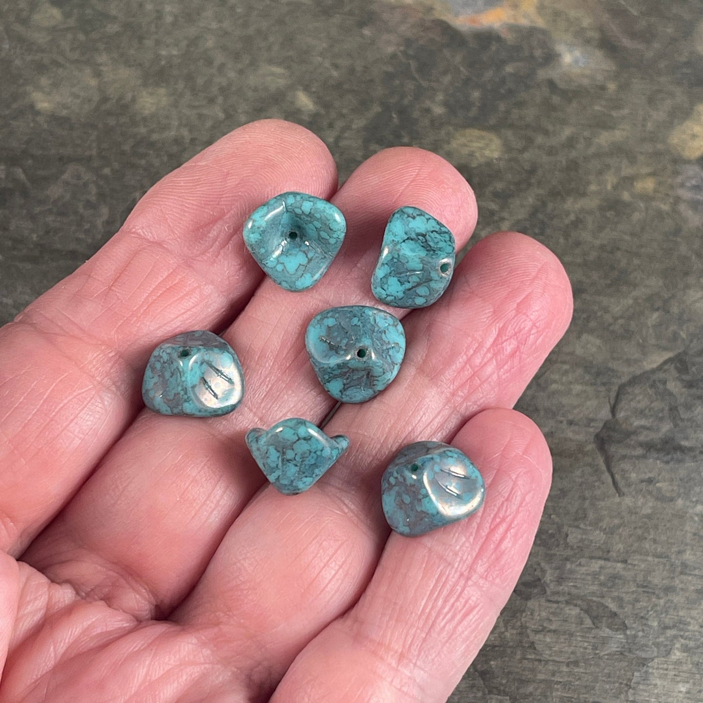 Opaque Blue 3-Petal Flower Beads ~ Czech Glass Beads ~ 12x9mm Turquoise with Marbled Picasso (FLLB/RJ-1056) * Qty. 12