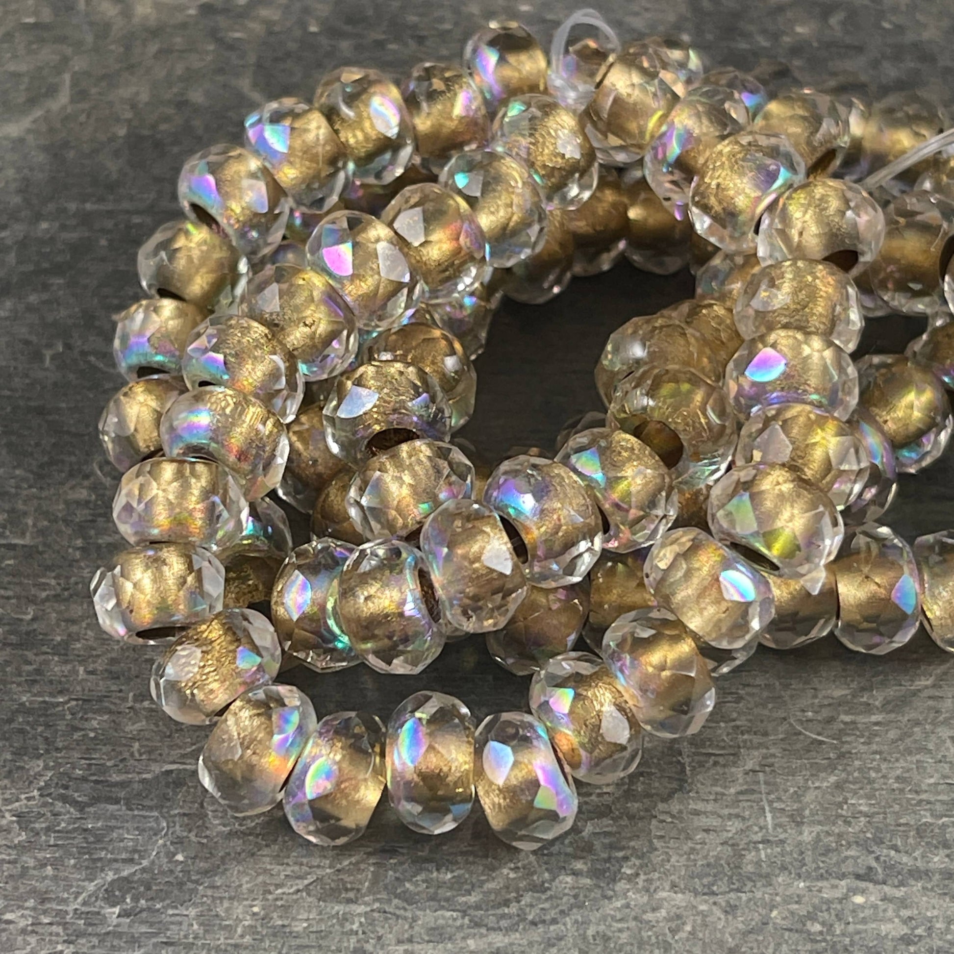 Czech Beads - 9x6mm Rondelle with 3.5mm hole, Transparent with Gold Core and AB Finish (ROL/N-1831) * 25 Beads