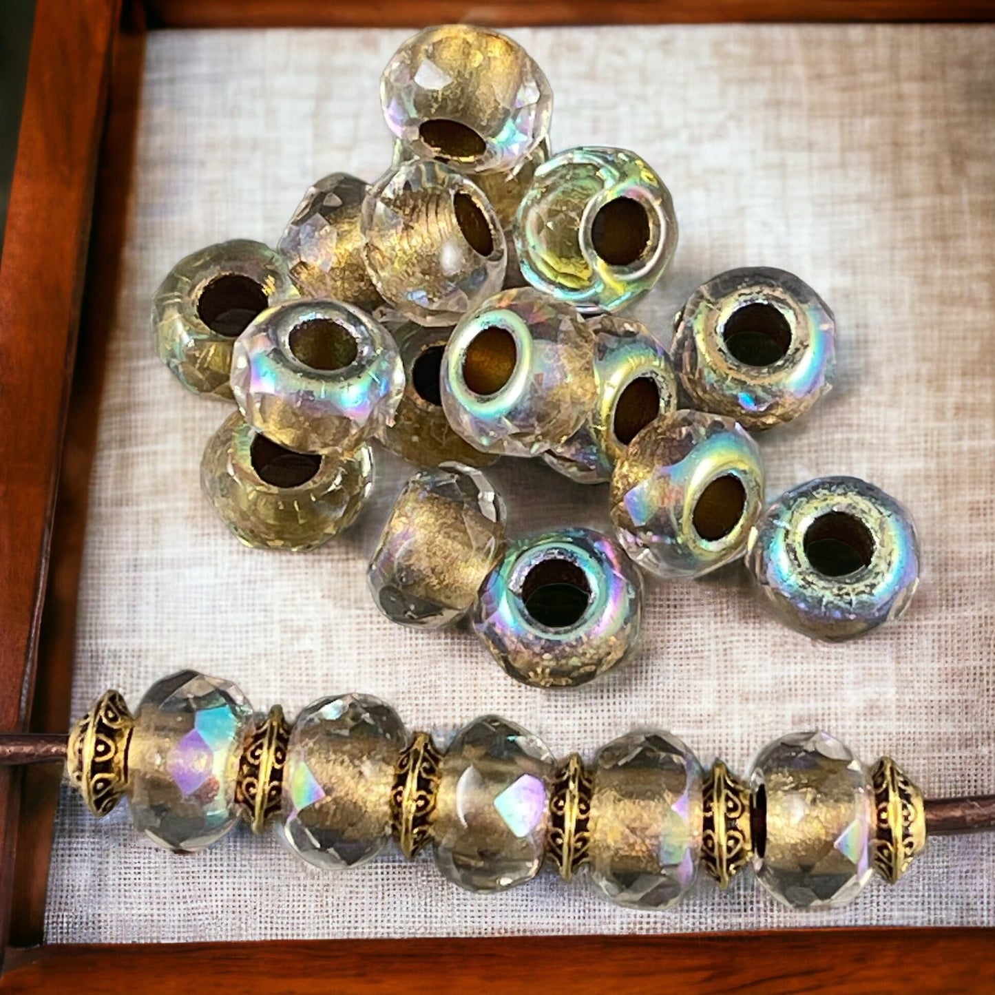 Czech Beads - 9x6mm Rondelle with 3.5mm hole, Transparent with Gold Core and AB Finish (ROL/N-1831) * 25 Beads