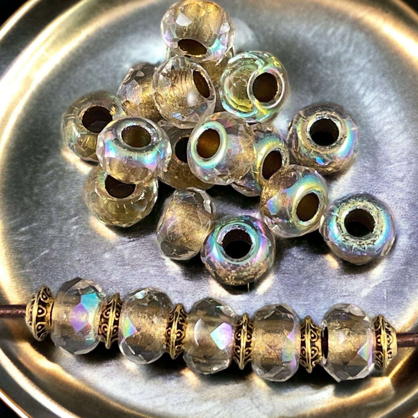 Czech Beads - 9x6mm Rondelle with 3.5mm hole, Transparent with Gold Core and AB Finish (ROL/N-1831) * 25 Beads