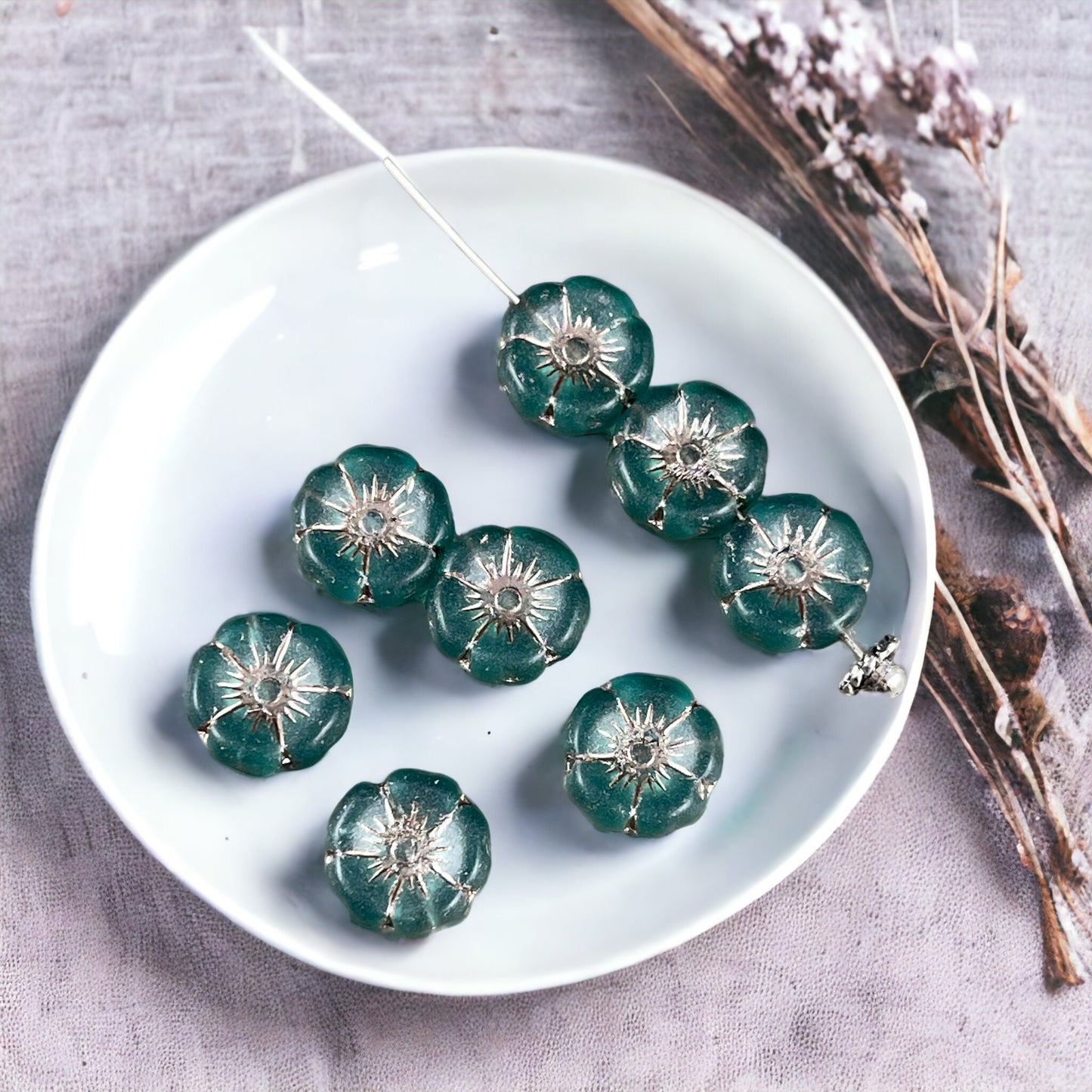 Czech Glass Beads - Matte Teal Blue Flower Beads, 12mm Hibiscus Flower, Teal with Metallic Beige Wash (FL12/N-1366) * Qty. 6