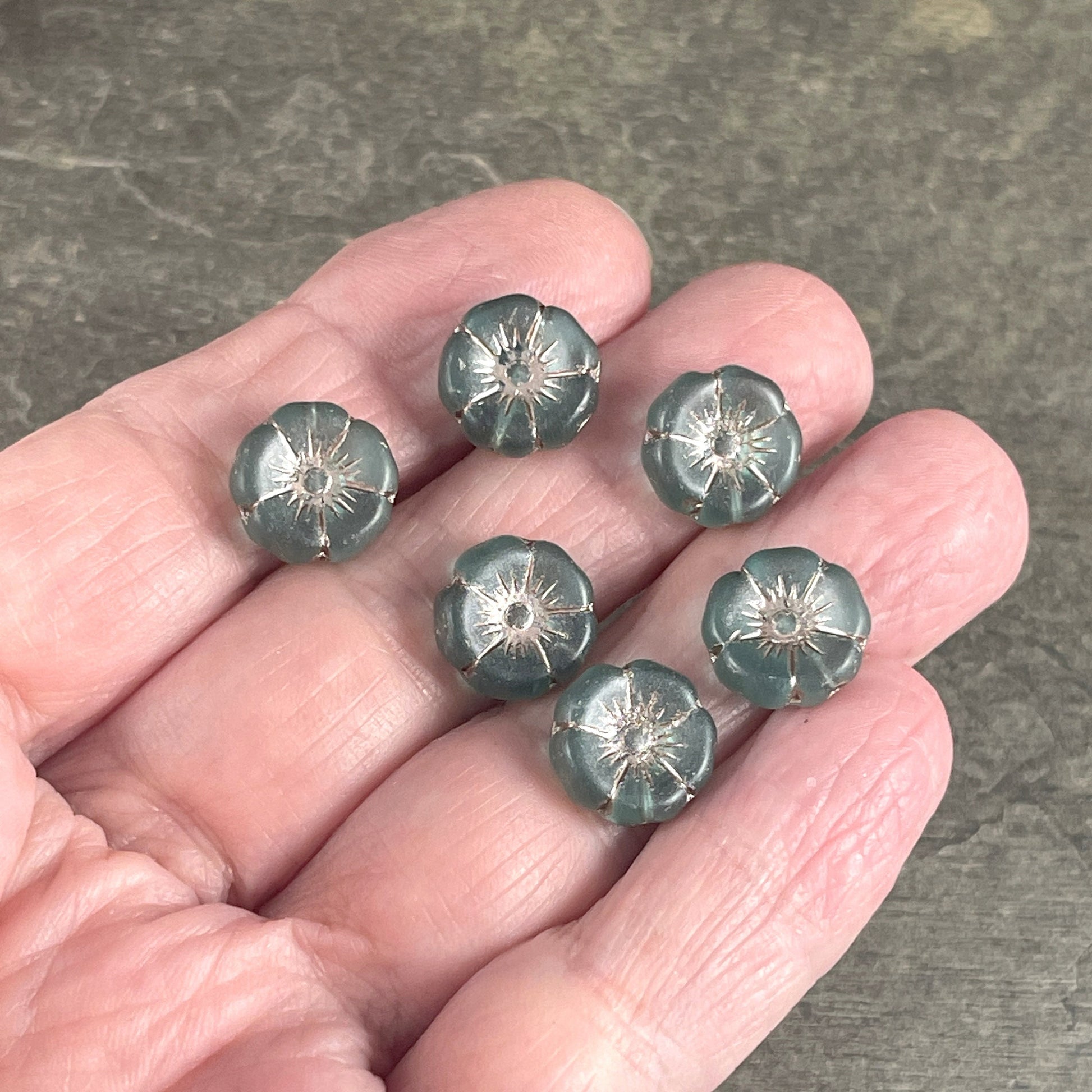 Czech Glass Beads - Matte Teal Blue Flower Beads, 12mm Hibiscus Flower, Teal with Metallic Beige Wash (FL12/N-1366) * Qty. 6