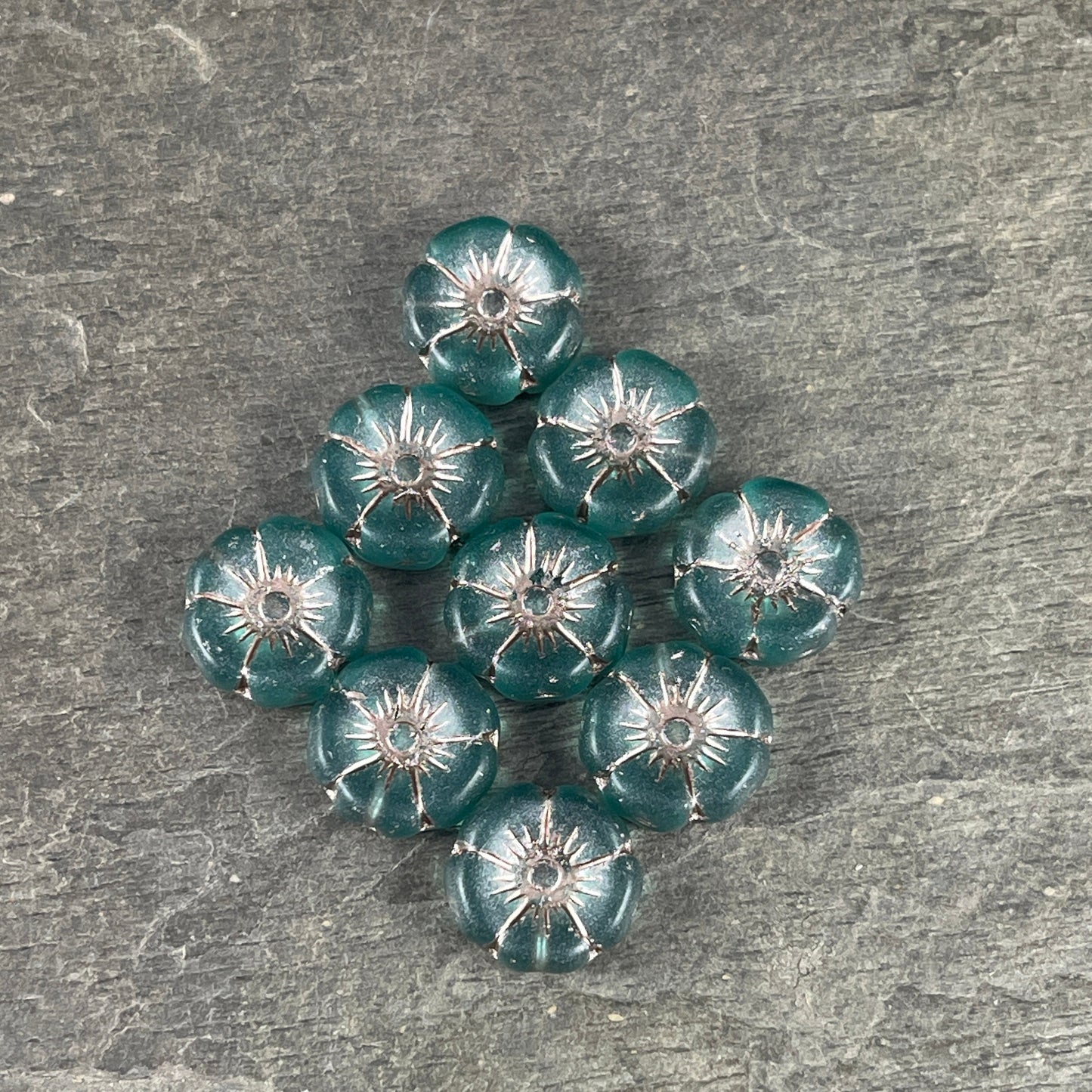 Czech Glass Beads - Matte Teal Blue Flower Beads, 12mm Hibiscus Flower, Teal with Metallic Beige Wash (FL12/N-1366) * Qty. 6