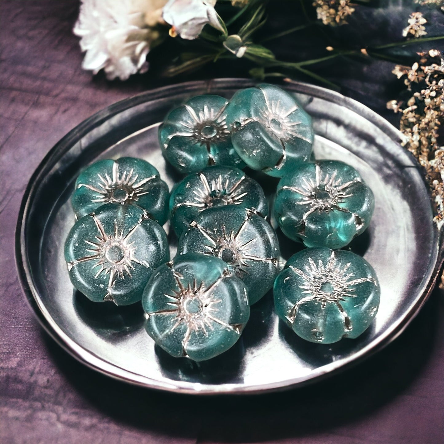 Czech Glass Beads - Matte Teal Blue Flower Beads, 12mm Hibiscus Flower, Teal with Metallic Beige Wash (FL12/N-1366) * Qty. 6
