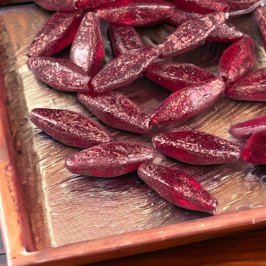 Czech Glass Beads - 20x9mm Red Rhombus Beads, Elongated Spindle Beads, Etched Red Glass with Copper Finish (RHO/N-1879) * Qty. 6 Beads