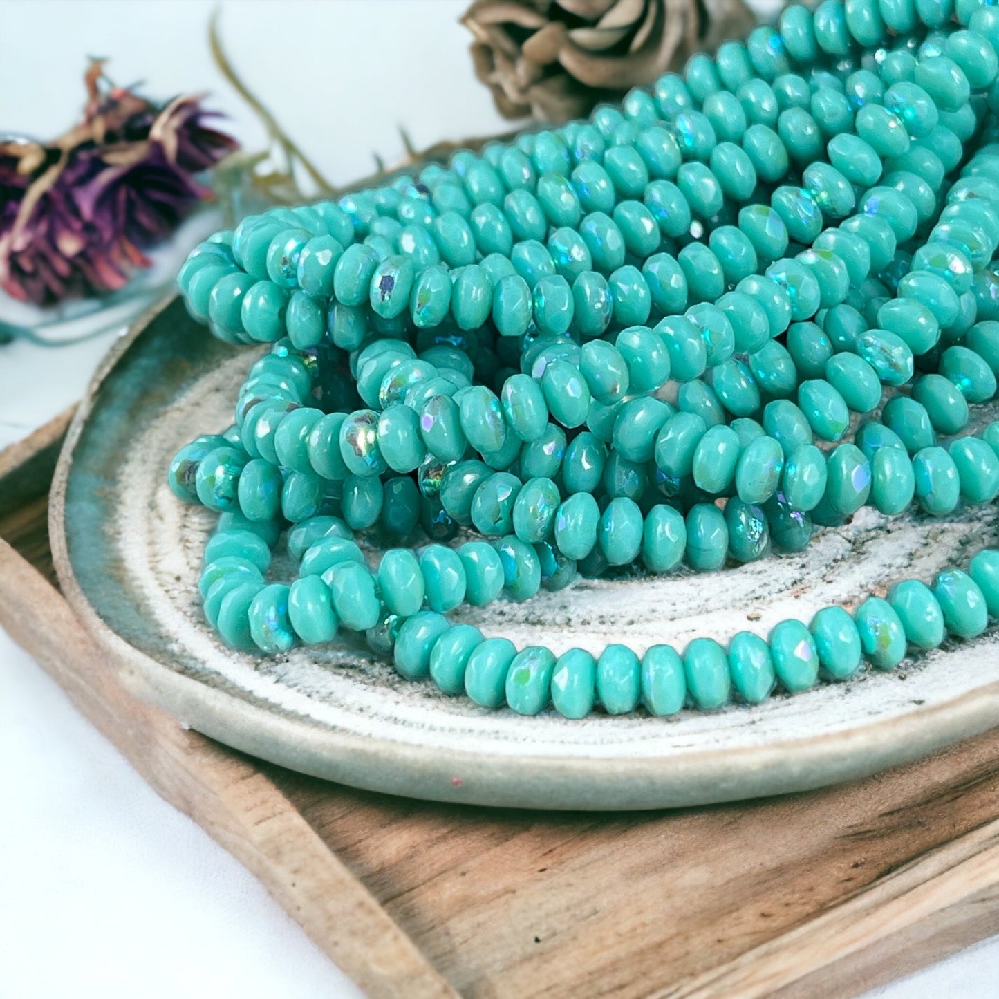 Czech Glass Beads - 4x2.5mm Faceted Turquoise Rondelles, Opaque Light Turquoise with AB (RON3/N-1715) * Qty. 50