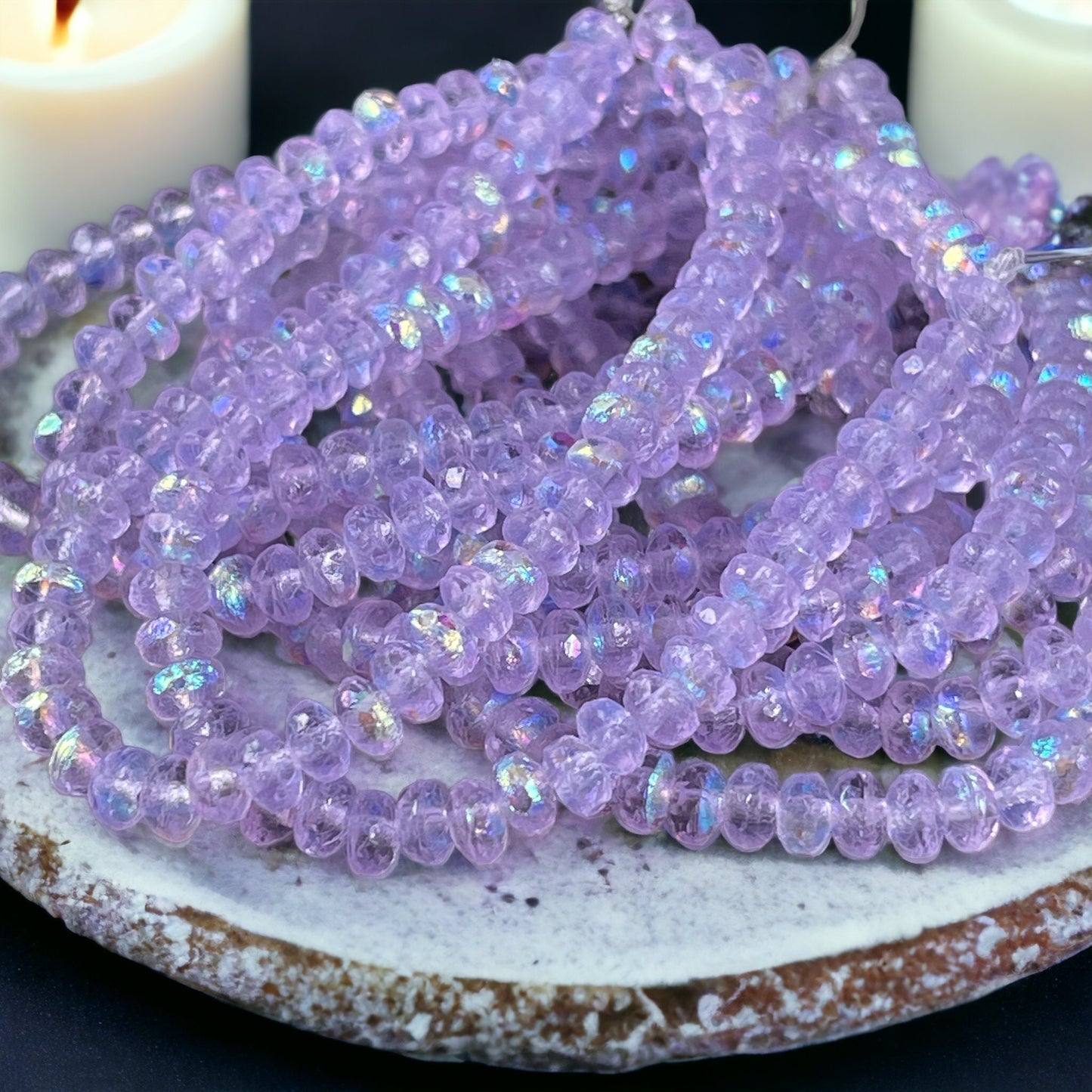 Czech Glass Beads - Faceted Rondelles ~ Transparent Etched Thistle with AB Finish ~ 4x2.5mm Purple Spacer Beads (RON3/N-0544) * Qty. 50
