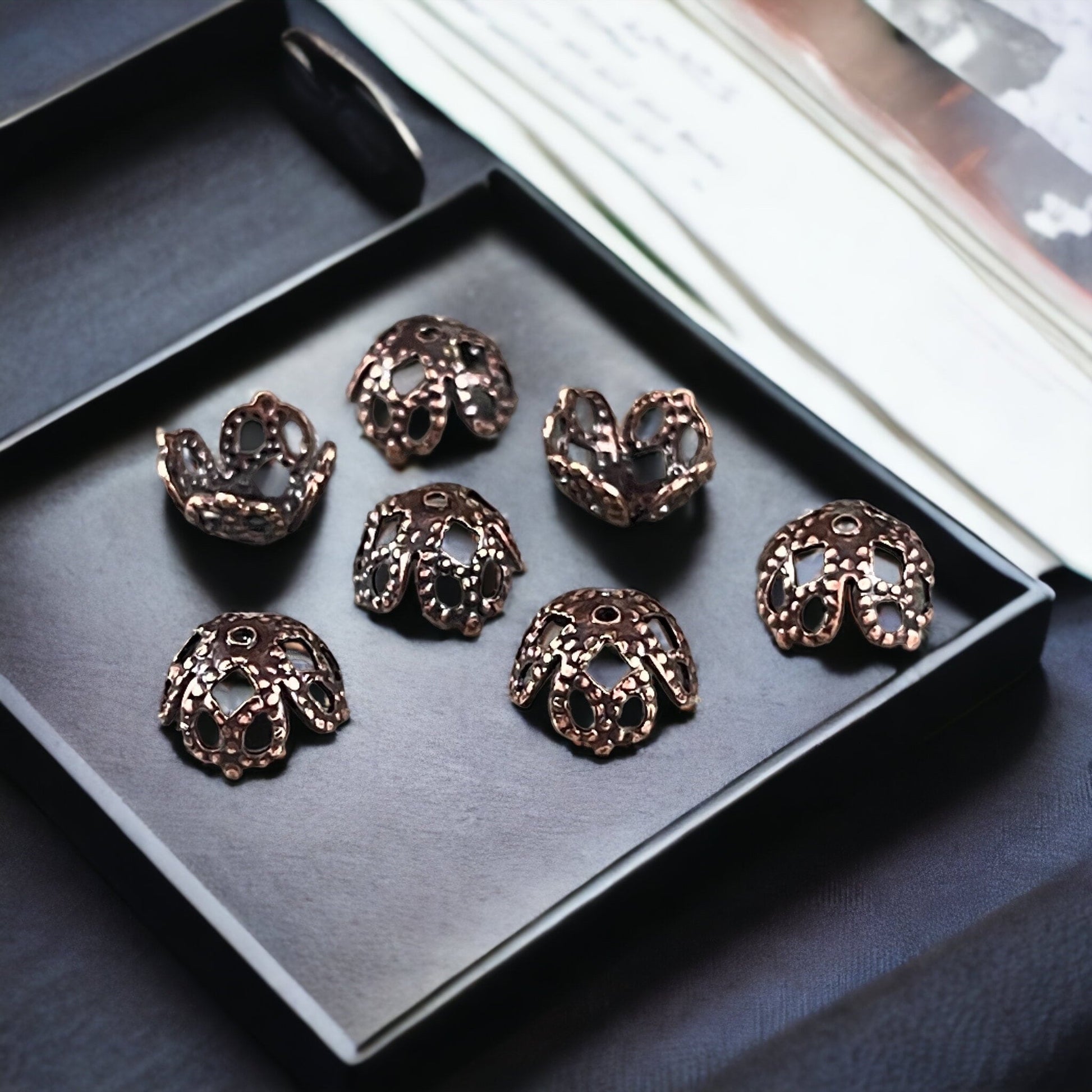 8mm Antiqued Copper Victorian Style Filigree Bead Caps, Bendable Antiqued Copper Plated Brass (VJS/C105C) * Qty. 10