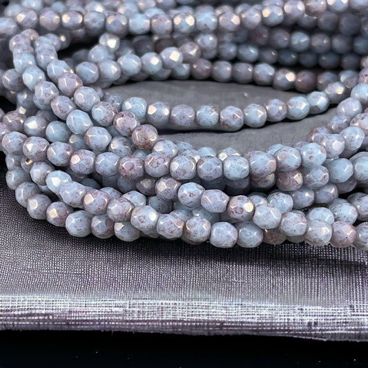 4mm Thistle Picasso Faceted Round Beads ~ Light Opaque Purple Glass with Marbled Lavender Picasso (FP4/N-084) * Qty 50