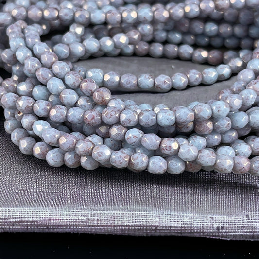 Czech Glass Beads - 4mm Faceted Round, Light Opaque Purple Glass with Marbled Lavender Picasso (FP4/N-084) * Qty 50