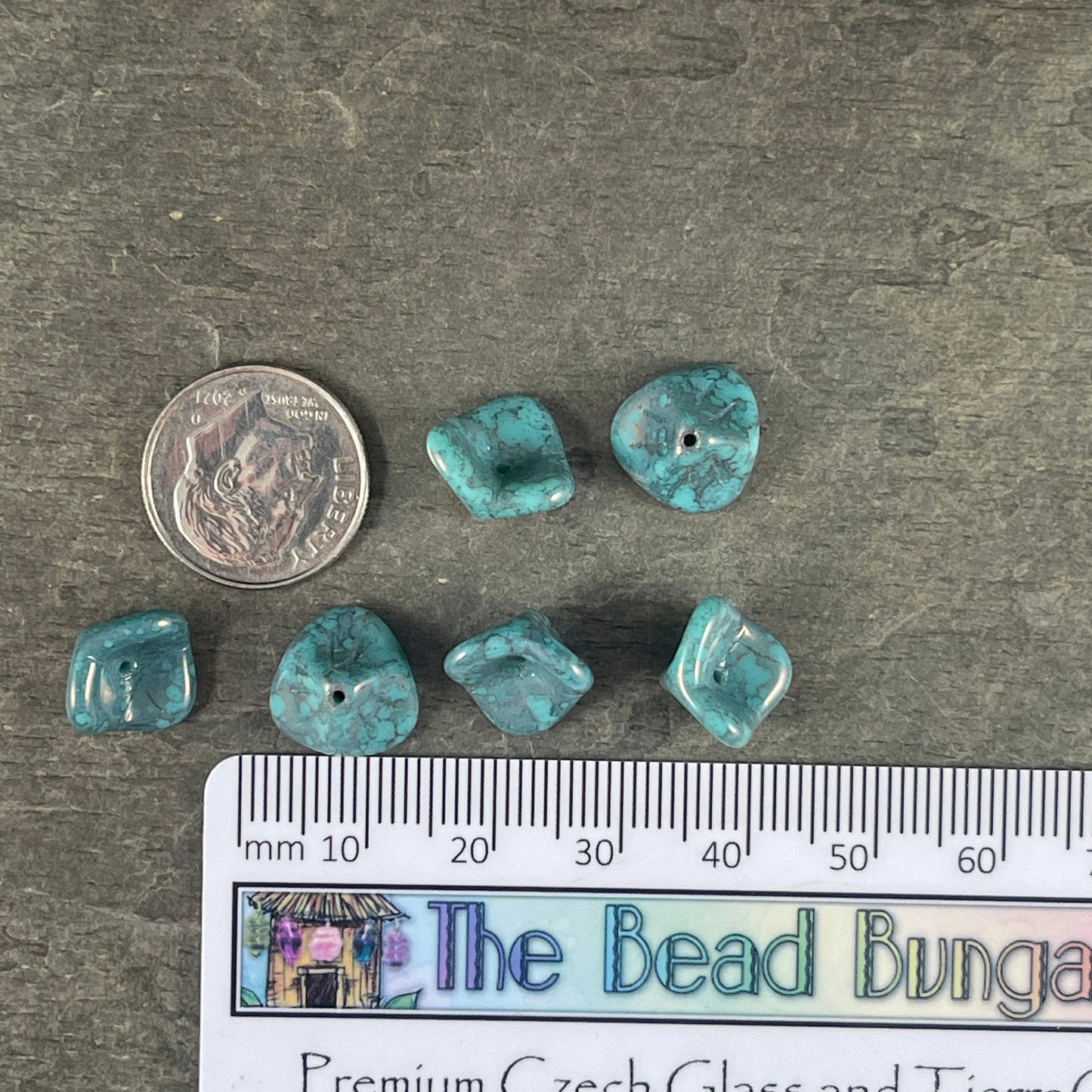 Opaque Blue 3-Petal Flower Beads ~ Czech Glass Beads ~ 12x9mm Turquoise with Marbled Picasso (FLLB/RJ-1056) * Qty. 12