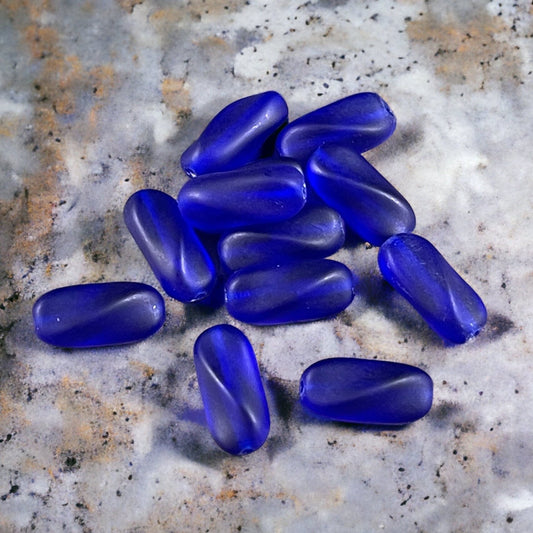 Czech Glass Beads - Cobalt Blue 14x6mm Twisted Oval Beads, Matte Finish Cobalt Blue Bead (SPI/RJ-1717) * Qty. 12