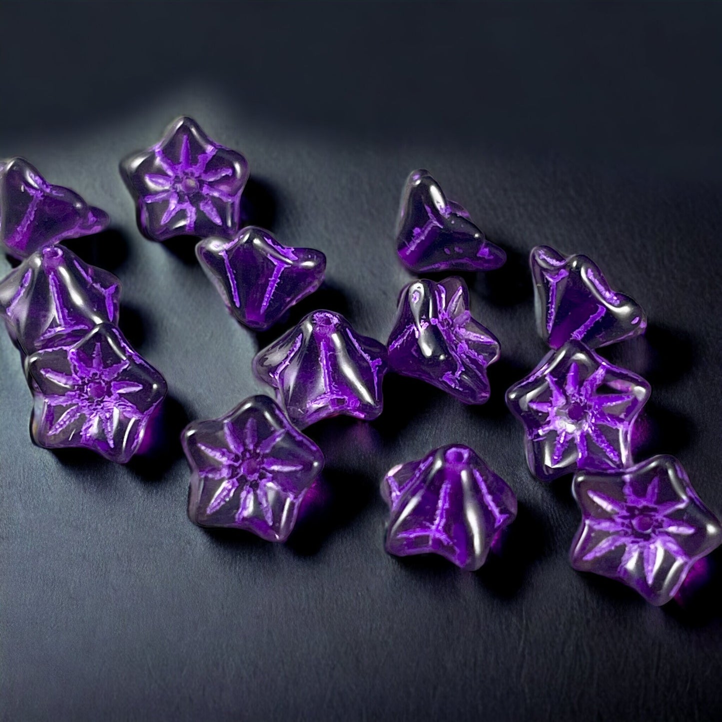 Czech Glass Beads - 6x9mm Bell Flower, Dark Purple with Lavender Wash (BF/N-0841) * Qty. 25
