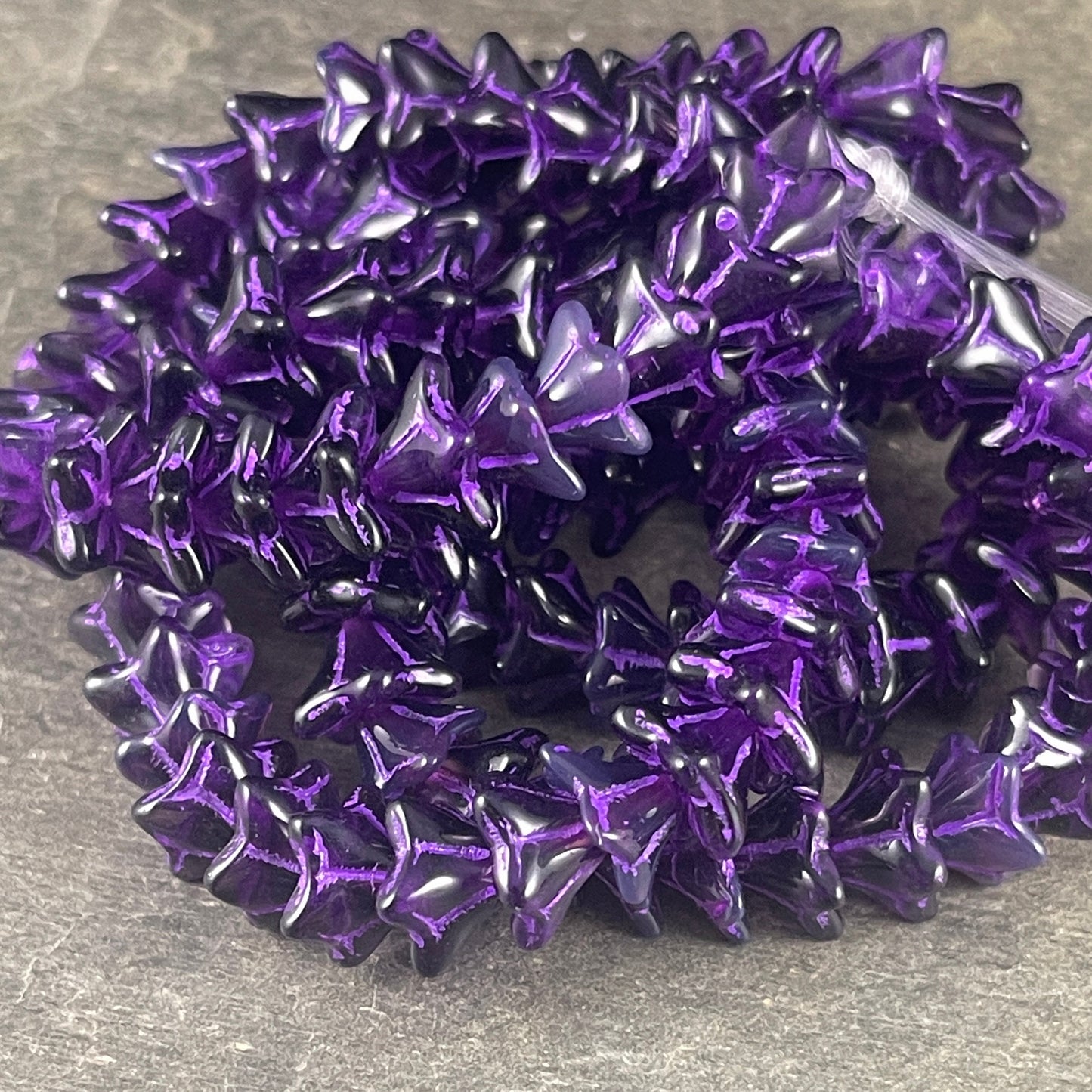 Czech Glass Beads - 6x9mm Bell Flower, Dark Purple with Lavender Wash (BF/N-0841) * Qty. 25