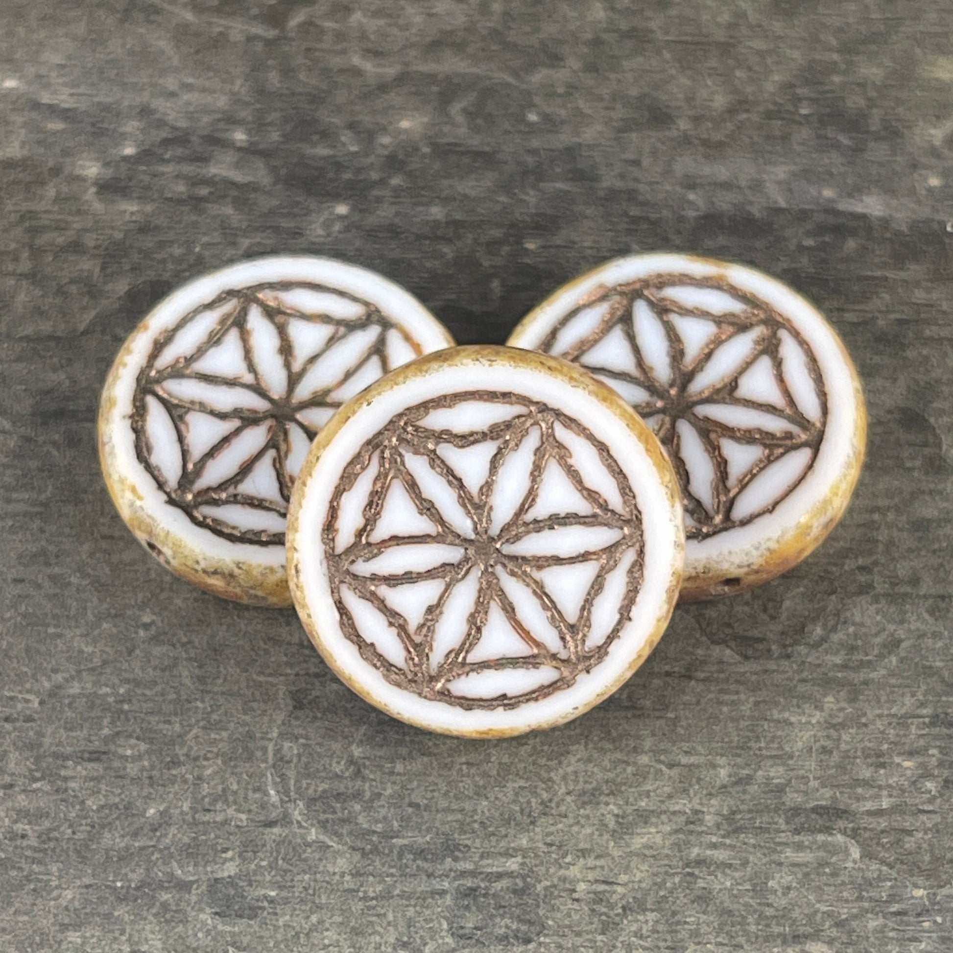 White Coin Czech Glass Beads ~ 18mm Picasso Bead with Flower of Life Symbol ~ Ivory White Table Cut Glass Beads (N-1555) * Qty. 2