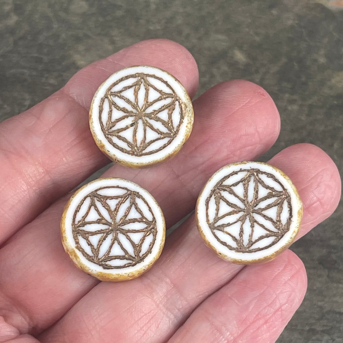 White Coin Czech Glass Beads ~ 18mm Picasso Bead with Flower of Life Symbol ~ Ivory White Table Cut Glass Beads (N-1555) * Qty. 2