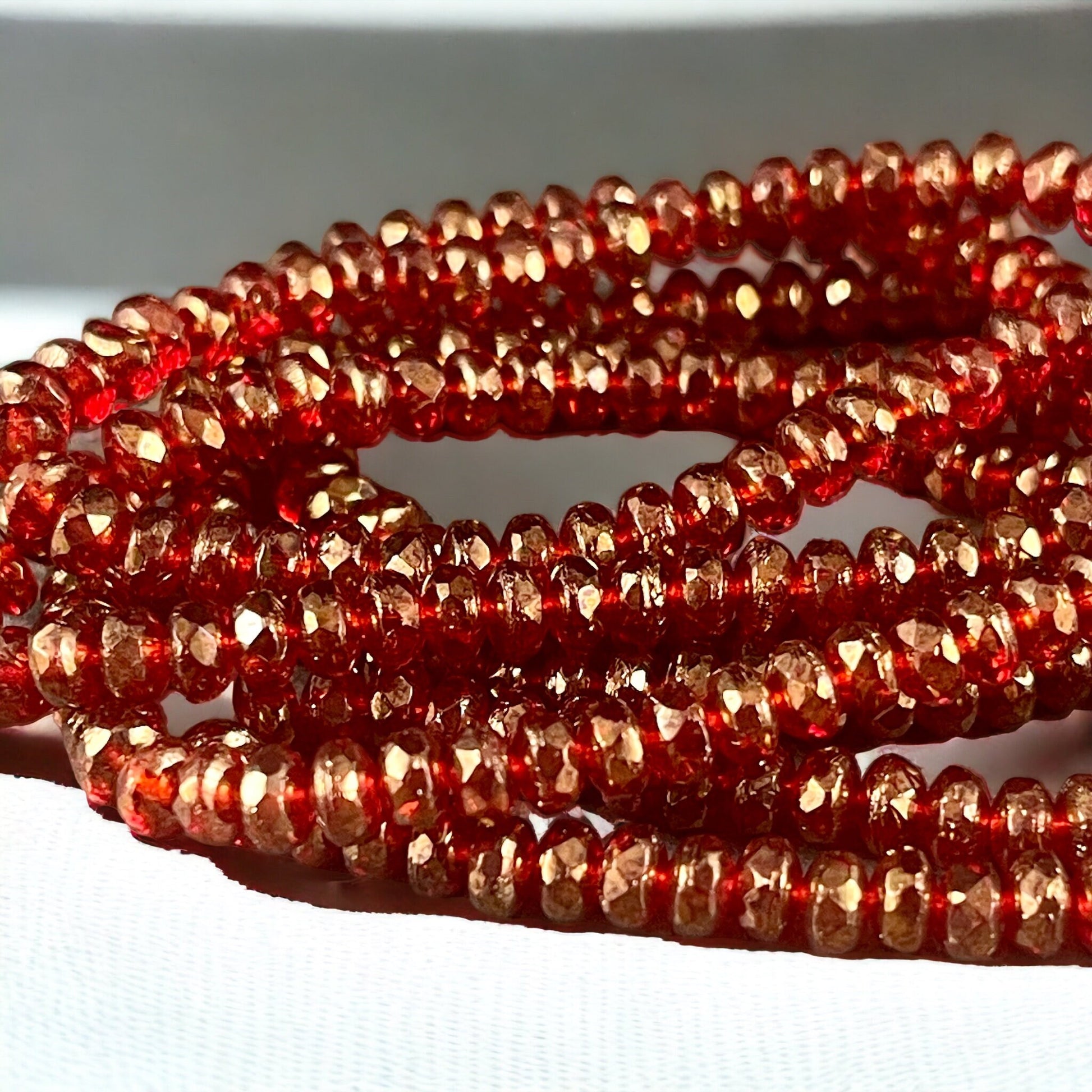 Czech Glass Beads - 4x2.5mm Faceted Ruby Red Rondelles, Transparent Red with Golden Luster (RON3/N-0681) * Qty. 50