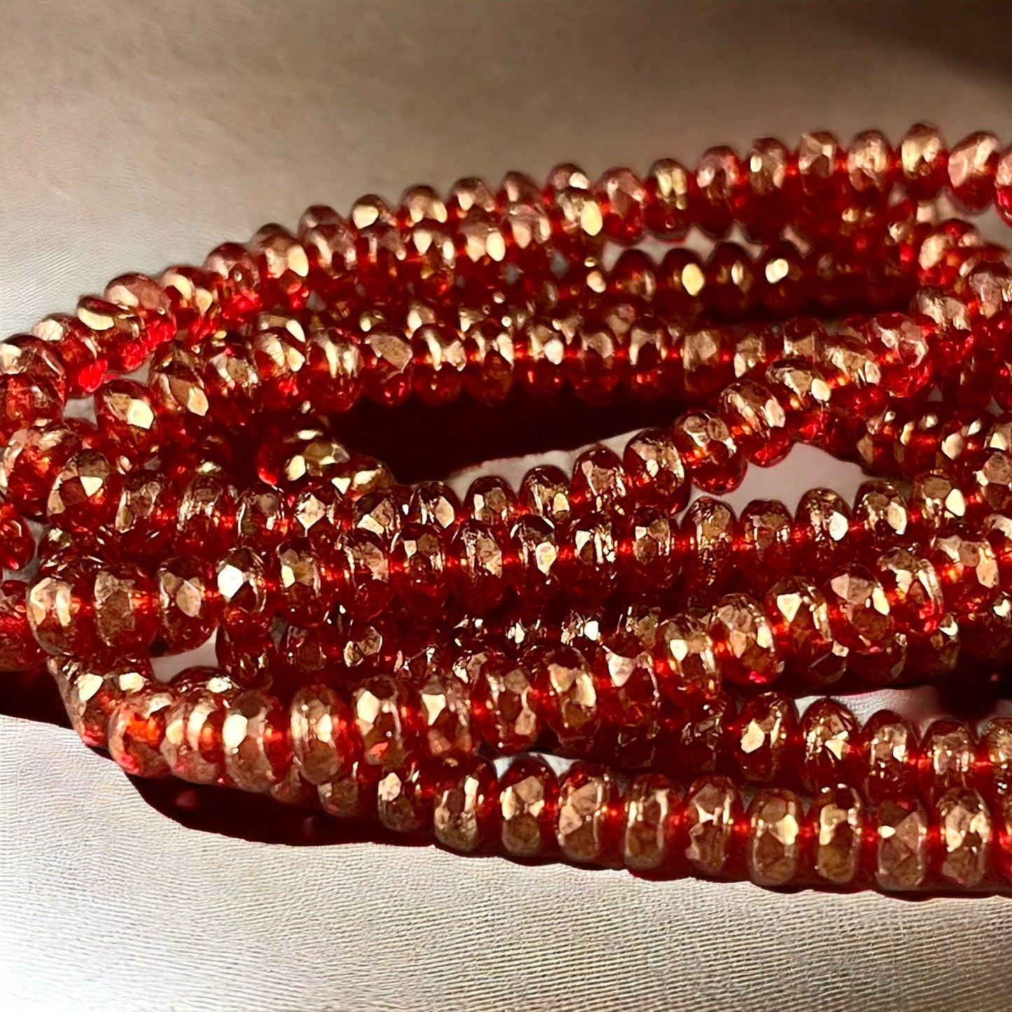 Czech Glass Beads - 4x2.5mm Faceted Ruby Red Rondelles, Transparent Red with Golden Luster (RON3/N-0681) * Qty. 50