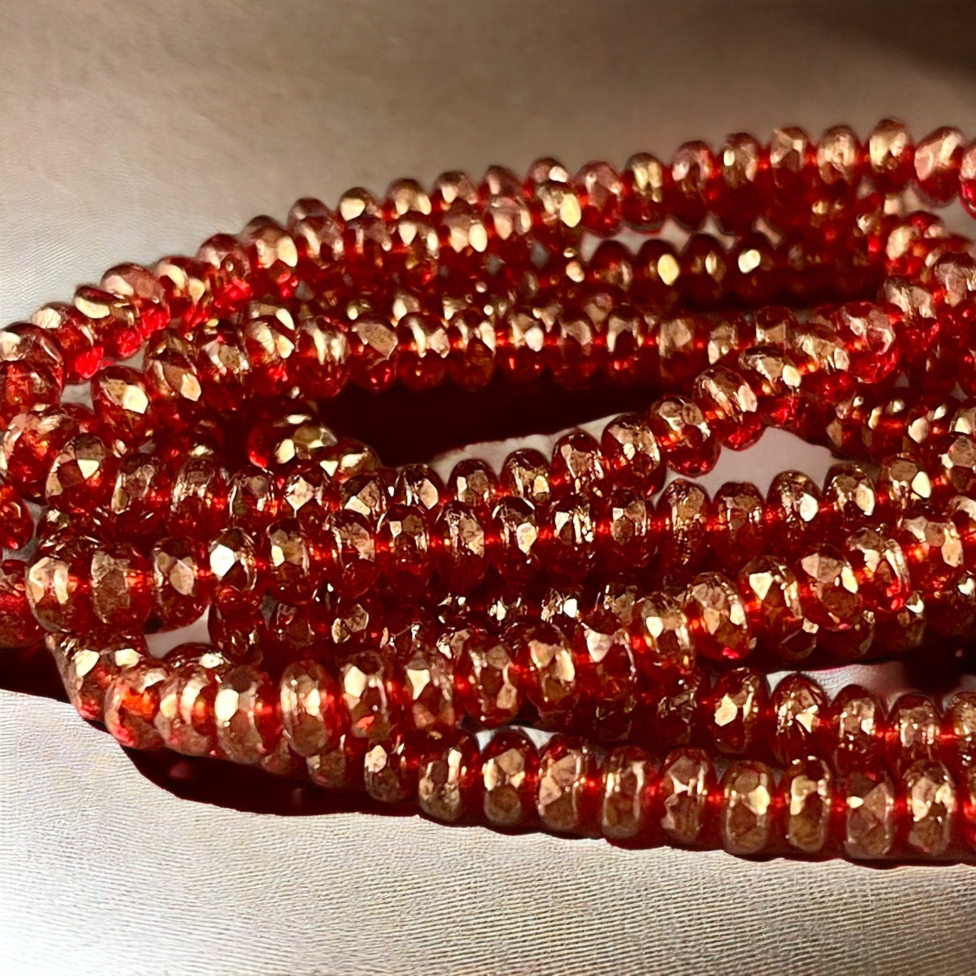 Czech Glass Beads - 4x2.5mm Faceted Ruby Red Rondelles, Transparent Red with Golden Luster (RON3/N-0681) * Qty. 50